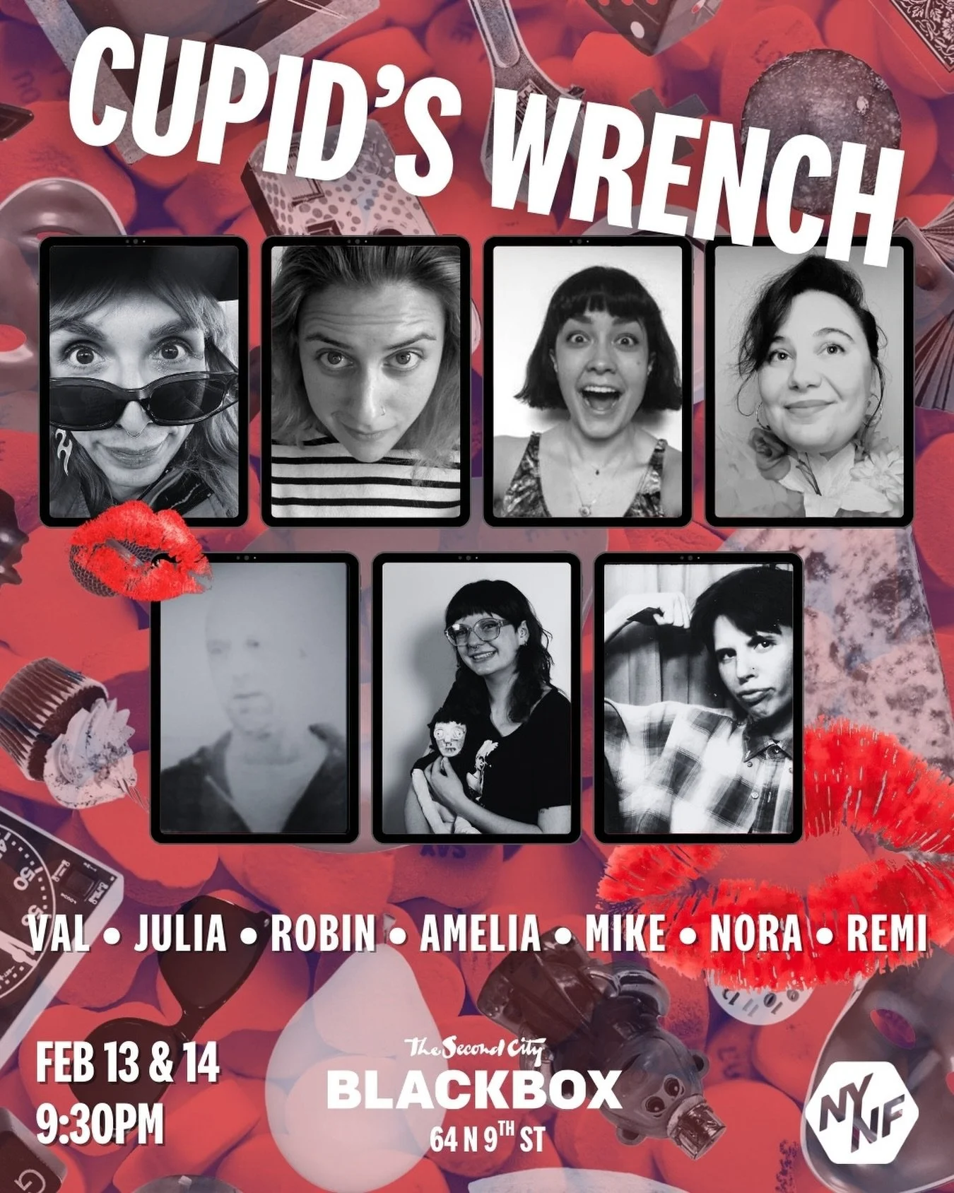THIS WEEKEND! 💋 Join @ameliafbeth, @a_iluj, @robin.virginie, @val___ramz, Mike, @lingerbythecranberriesfan, and @iammarinora at CUPID&rsquo;S WRENCH! 30 crush-worthy plays, Valentine crafting, cocktails, and limited edition tees for sale. SEE YOU SO
