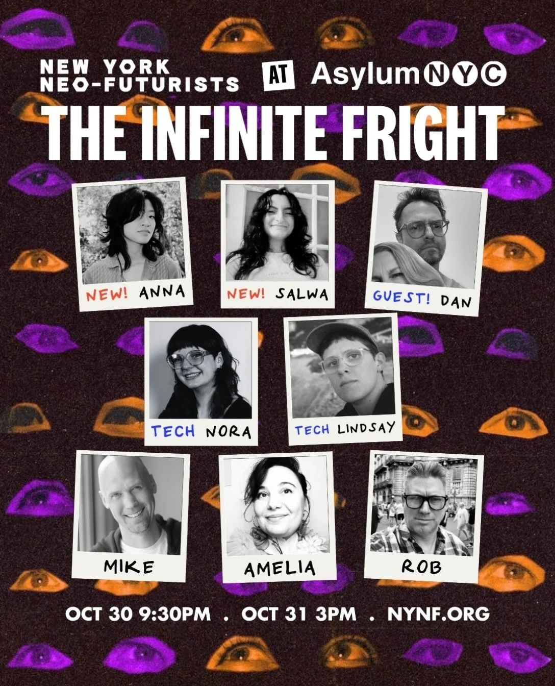 The faces awaiting you at 🌩️ THE INFINITE FRIGHT! 🌩️ Join @z.anna.02, @salwameghjee, @ameliafbeth, @astronautone, Mike Manship, alum @danielmccoylive, and Tech Collaborators @brokebackbecky and @iammarinora this Friday and Saturday at @theasylumnyc