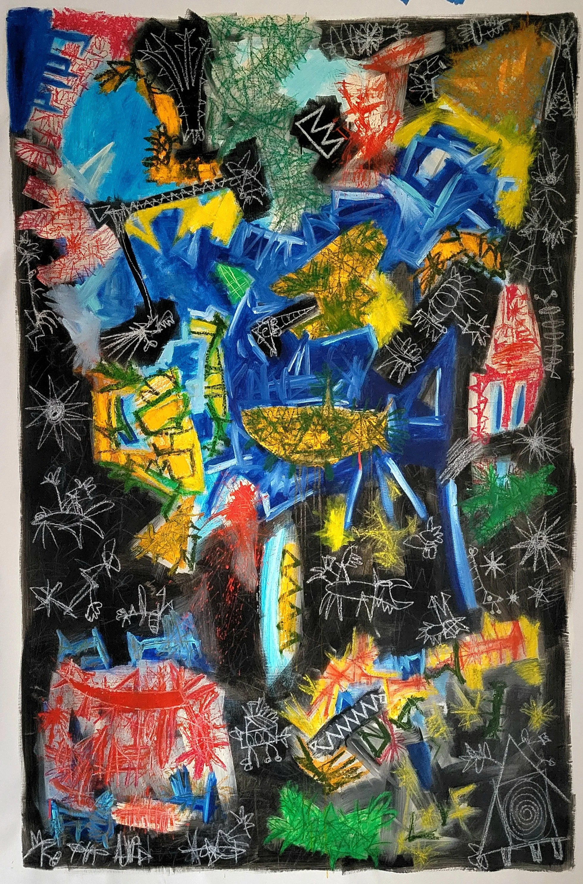 "Constellation of the Vetruvian Man" 2025. Oil, acrylic, oil stick, oil pastel on canvas. 71.5 h x 46 w inches.
