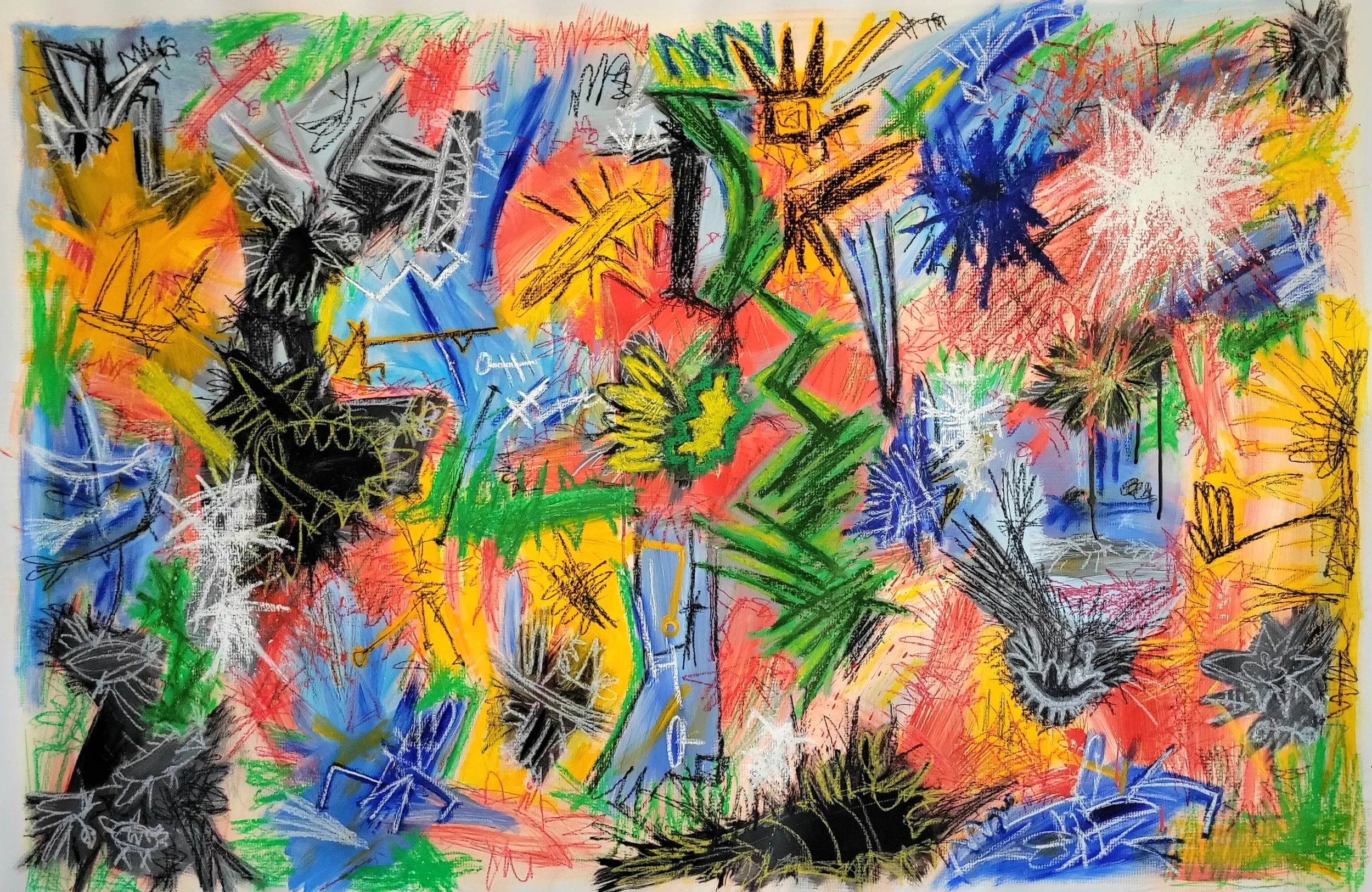 "Constellation of the standing crocodile" 2026. Oil, acrylic, oil stick, oil pastel on canvas. 36h x 55w inches.
