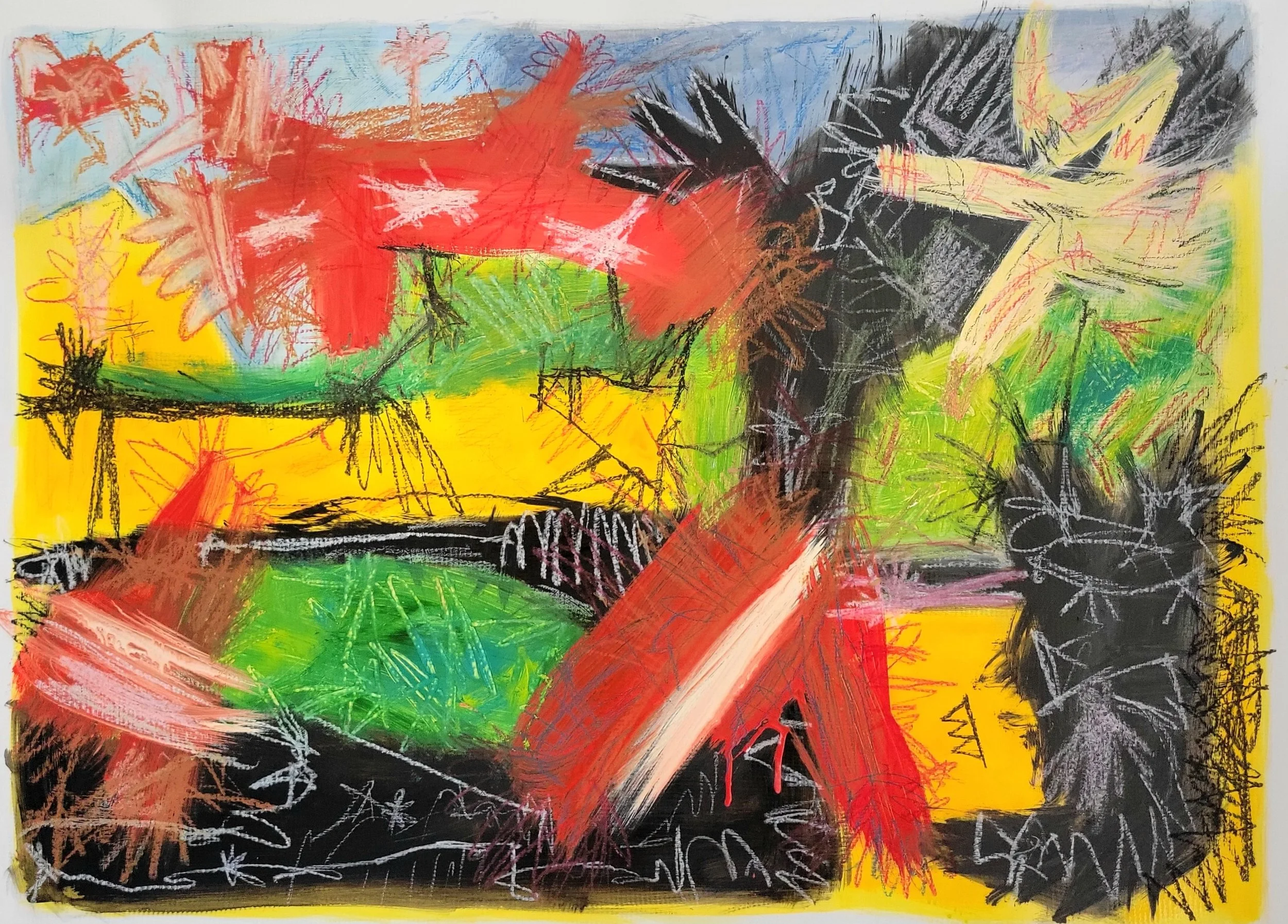 "Transitions" 2026. Oil, acrylic, oil stick, oil pastel on canvas. 25h x 34.5w inches.