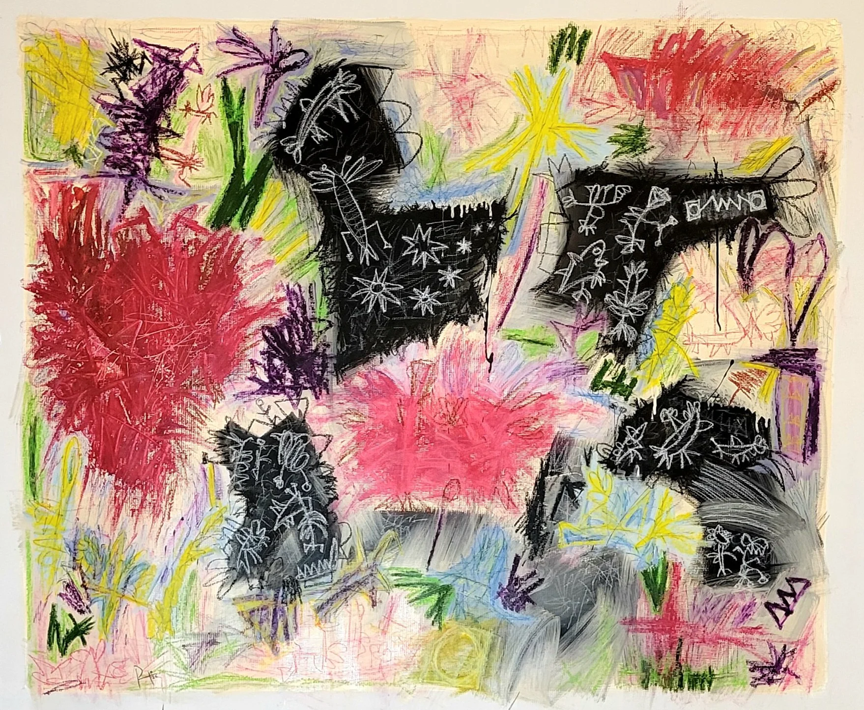 "Field of roses in the Constellation of the Vitruvian Man" 2026. Oil, acrylic, oil stick, oil pastel on canvas. 46.5h x 56w inches.
