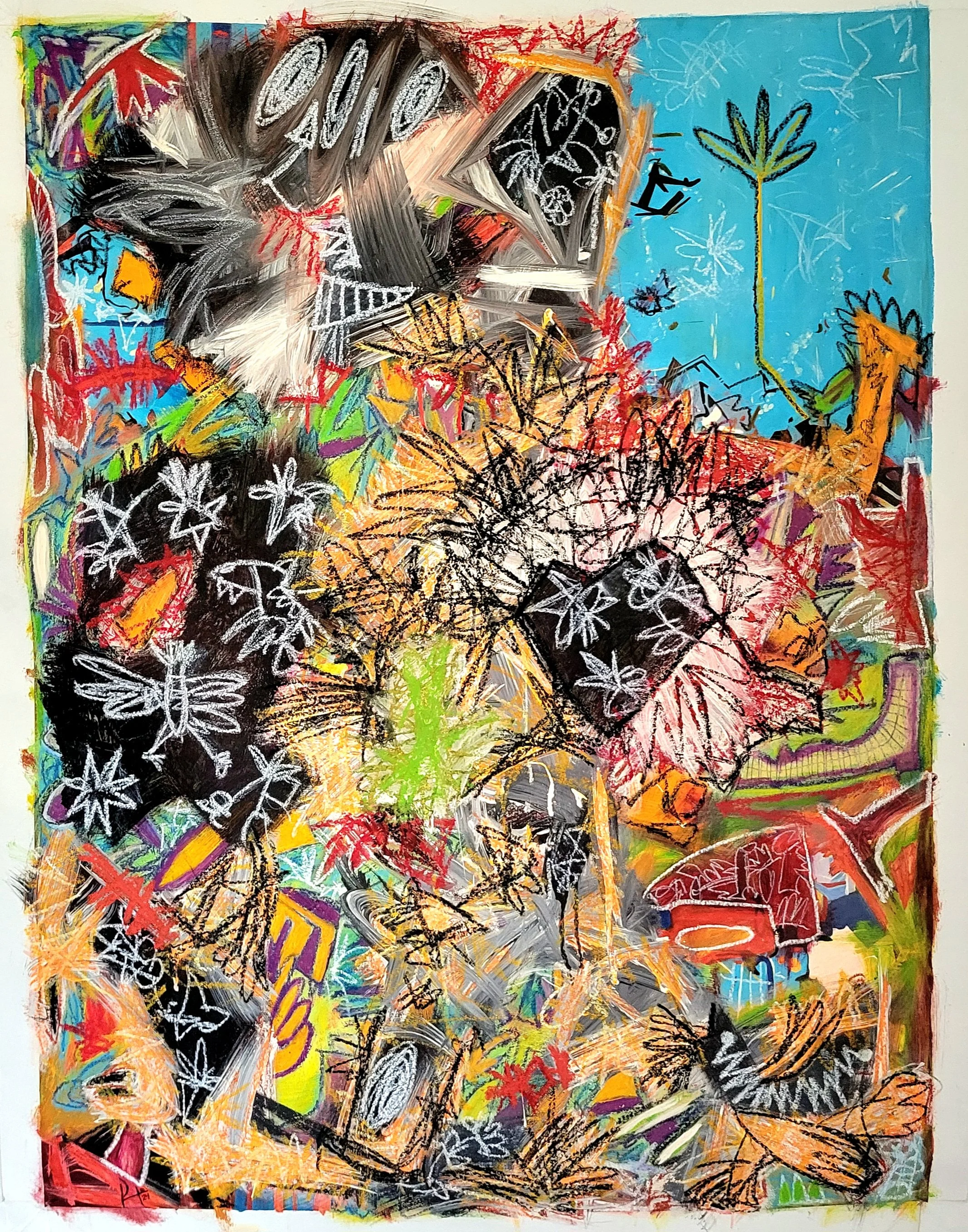 "Traveling Into the Heart of a Supernova" 2025. Oil, acrylic, oil stick, oil pastel on canvas. 48h x 36w inches.