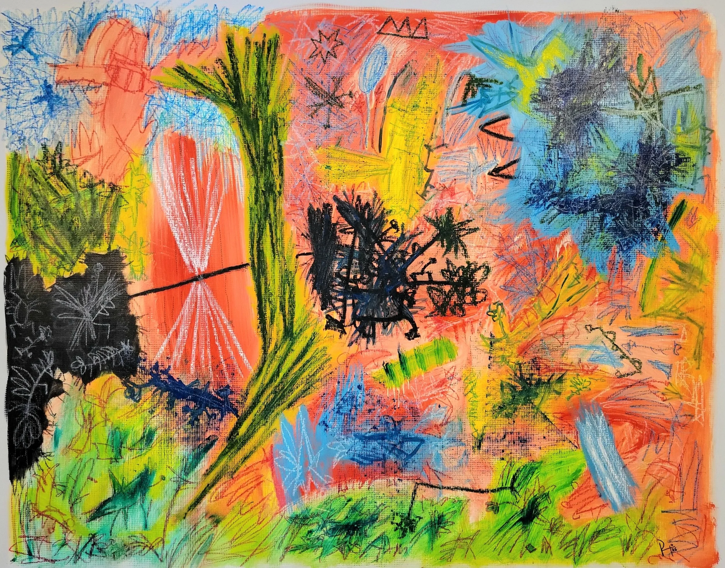 "The space between the movement of galaxies" 2026. Oil, cold wax, acrylic, oil stick, oil pastel on canvas. 36h x 46w inches.
