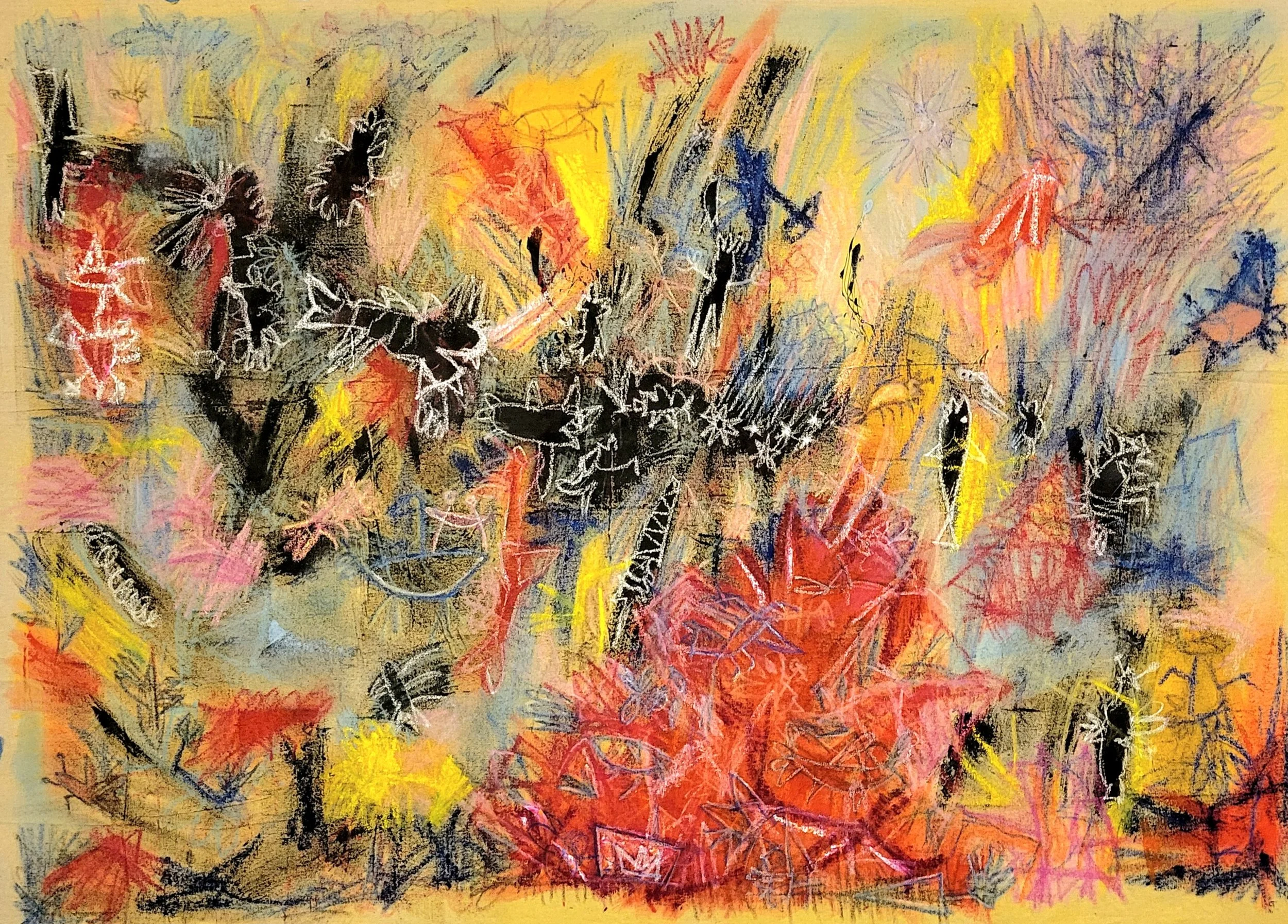 "Some unknown process triggering the formation of a star" 2025. Oil acrylic, oil stick, oil pastel on canvas. 47h x 65w inches.