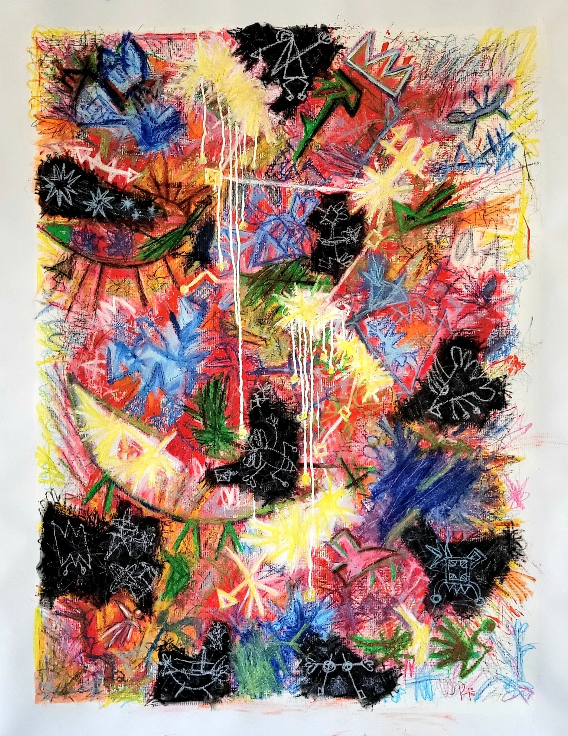 "The creation of a kilonova" 2025. Oil, cold wax, acrylic, oil stick, oil pastel on canvas. 48h x 36w inches.