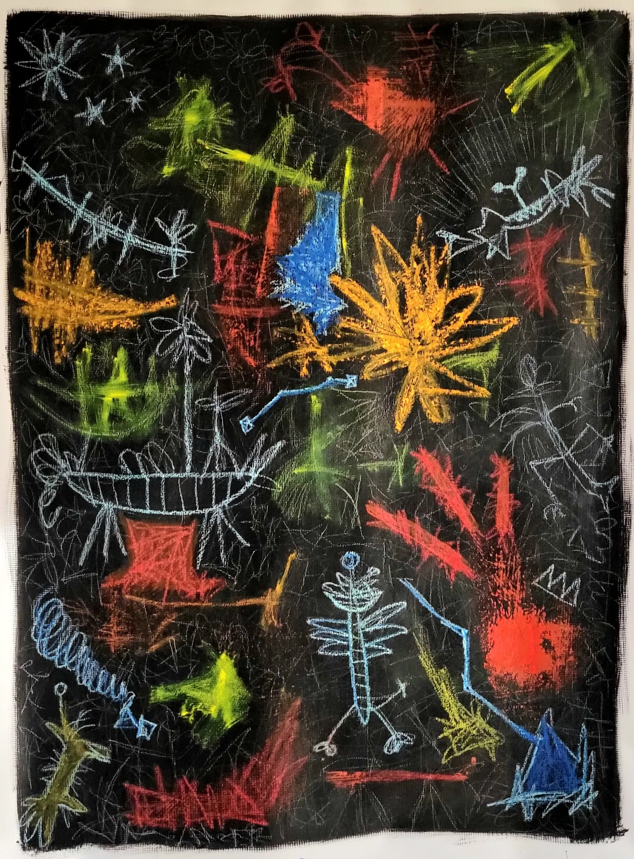 "As Stars Evolve they can Reshape the Gas in the Galaxies" 2025. Oil, acrylic, oil stick, oil pastel on canvas. 48h x 36w inches.