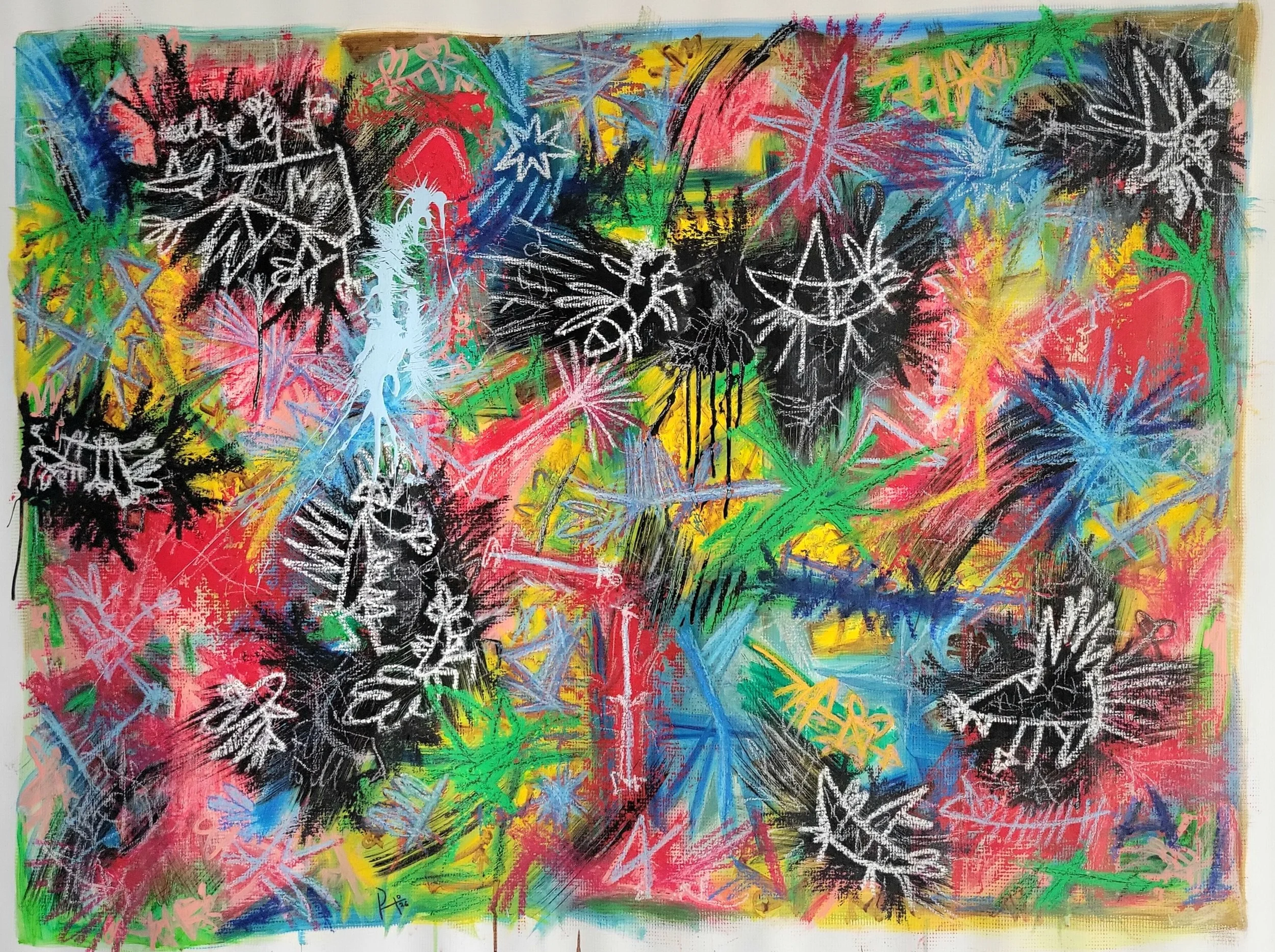 "The Source" 2026. Oil, cold wax, acrylic, oil stick, oil pastel on canvas. 34h x 46w inches.