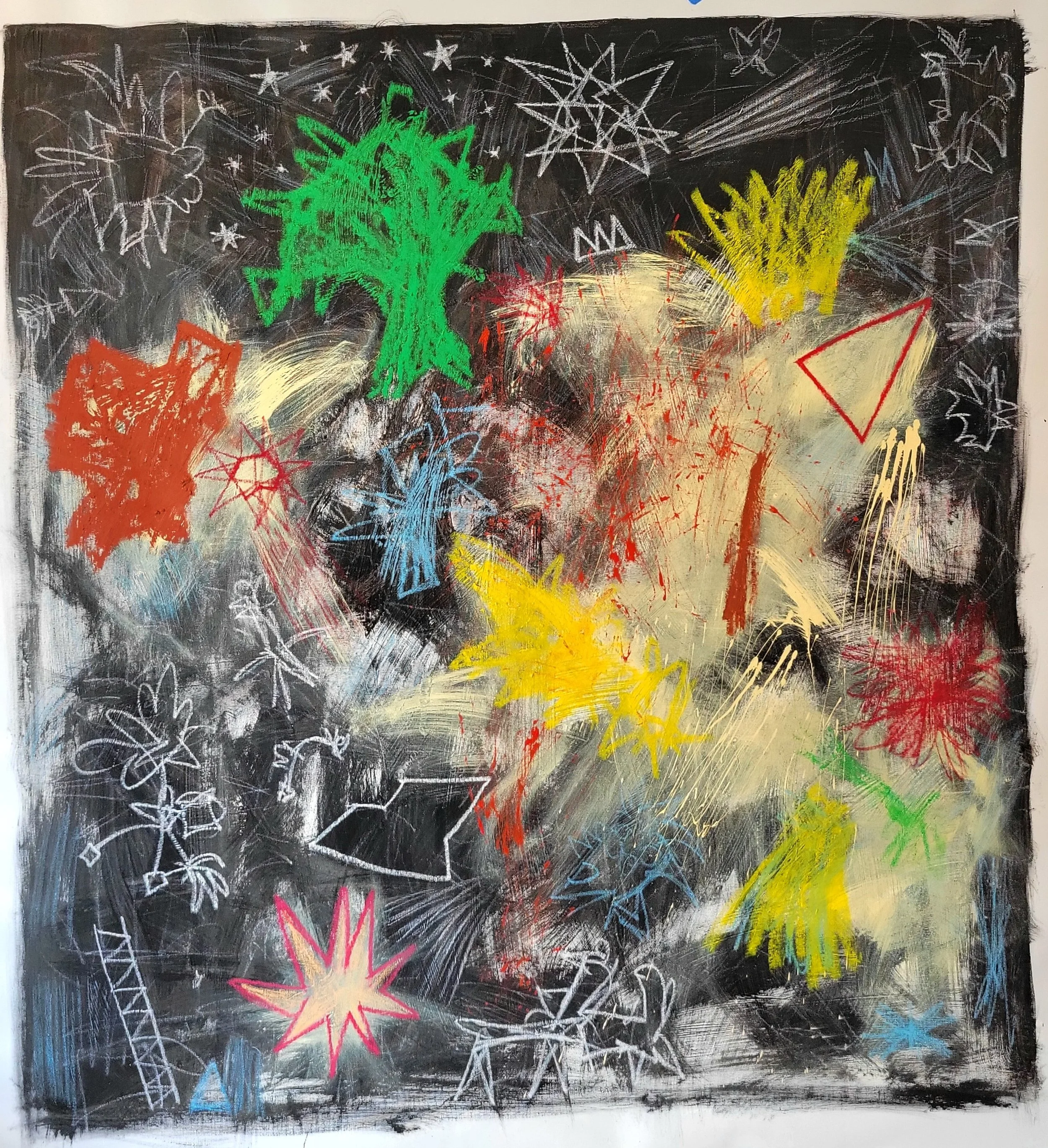 "Watching the Milky Way Under a Magnolia Tree" 2025. Oil, acrylic, oil stick, oil pastel on canvas. 52h x 38w inches.