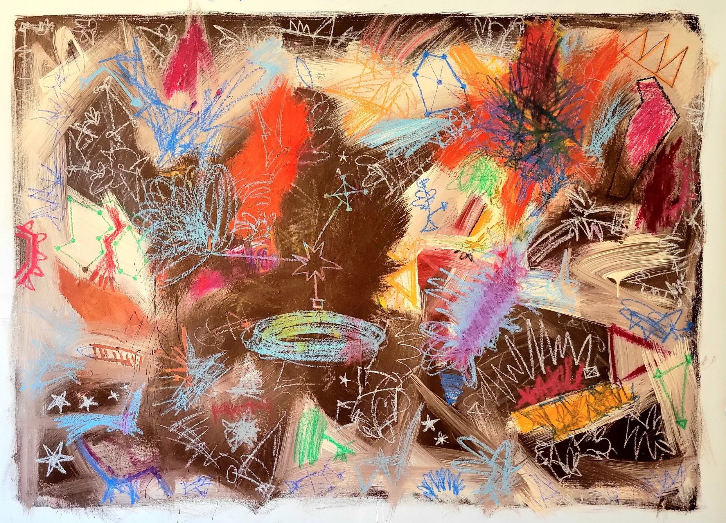 "Constellation of the Thunder Emerging from the Event Horizon" 2025. Oil, acrylic, oil stick, oil pastel on canvas. 34h x 47w inches.