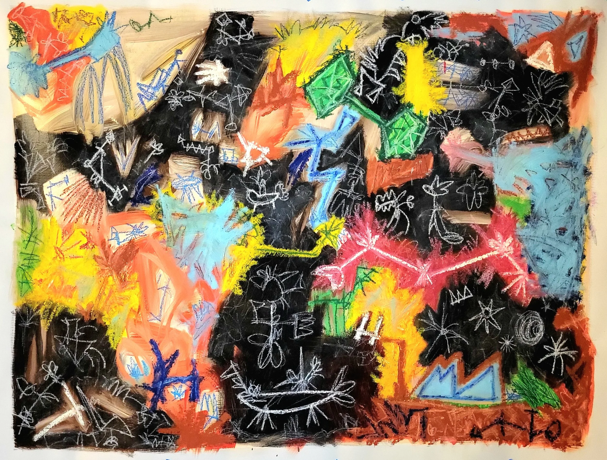 "A Curvature in Space" 2025. Oil acrylic, oil stick, oil pastel on canvas. 36h x 48w inches.