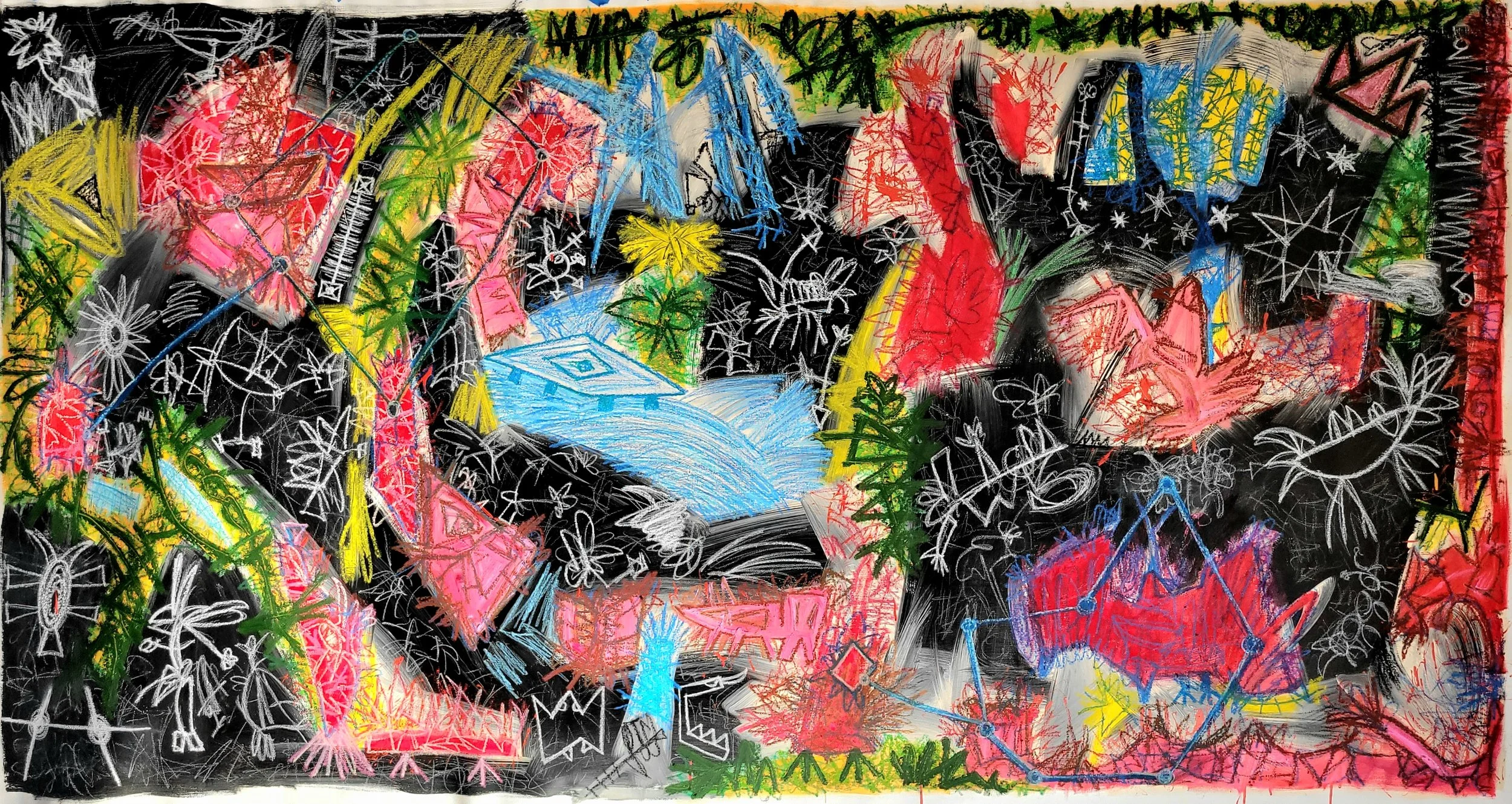 "Waterfalls in the Galaxy of the Standing Rabbit" 2025. Oil, acrylic, oil stick, oil pastel on canvas. 47h x 97w inches.