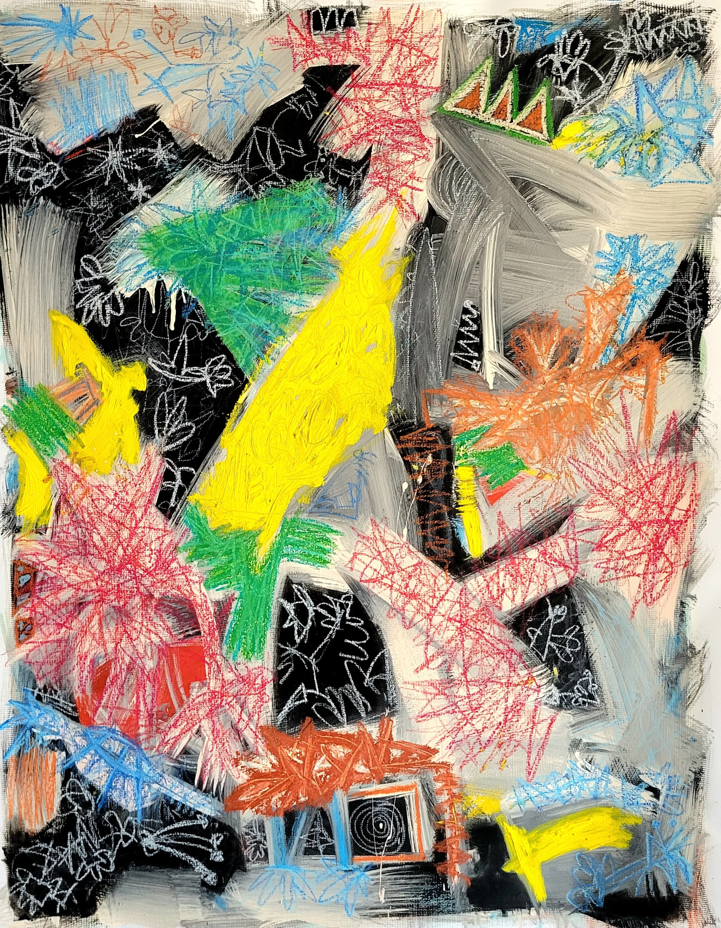 "Looking at a Constellation Through a Squared Circle" 2025. Oil, acrylic, oil stick, oil pastel on canvas. 48h x 36w inches.