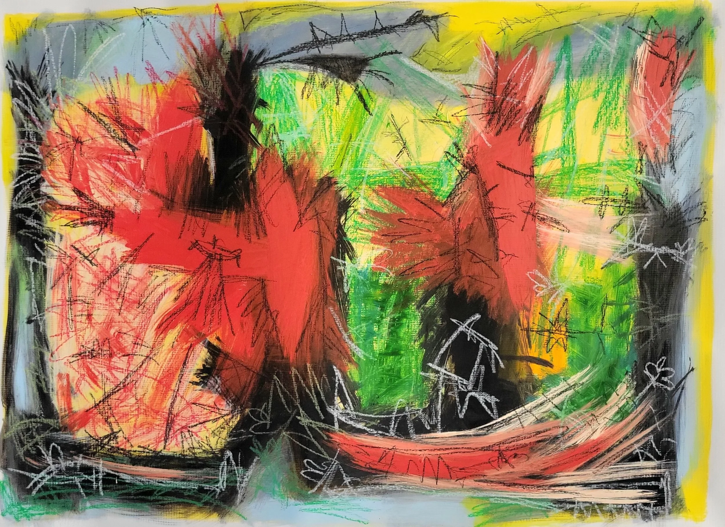 "Emerging" 2026. Oil, acrylic, oil stick, oil pastel on canvas. 25.5h x 35.5w inches.