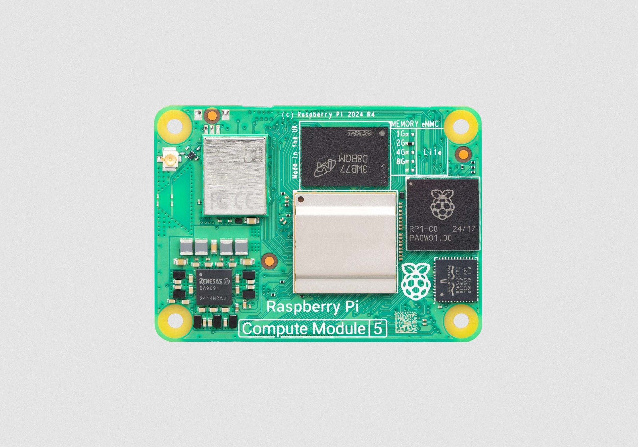 Rasperry Pi 5 compute module on a grey background
