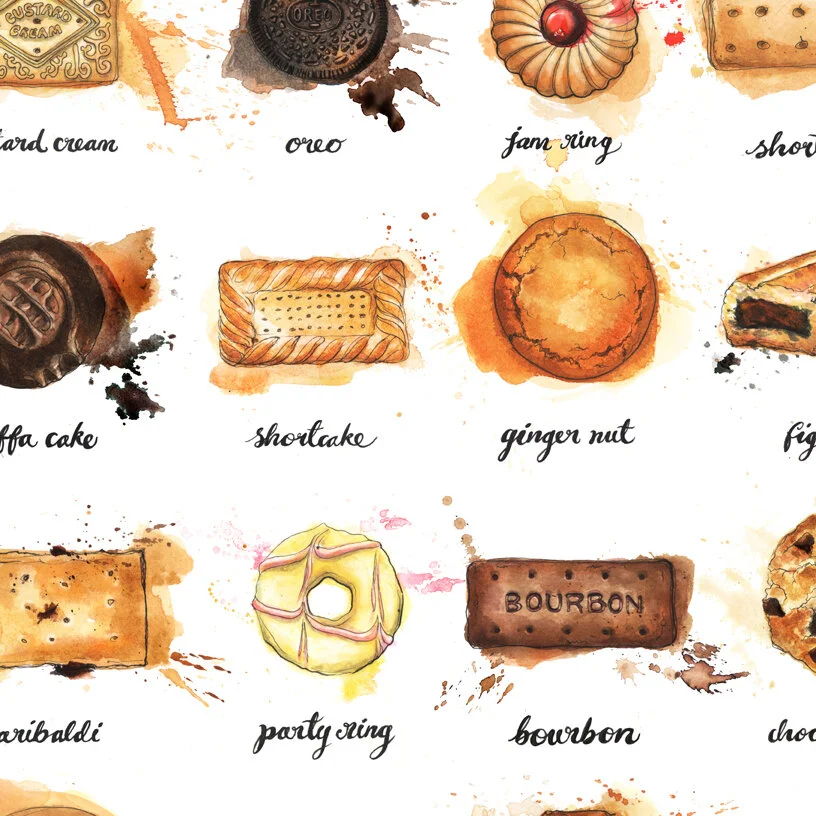 loose ink paintings of biscuit favourites
