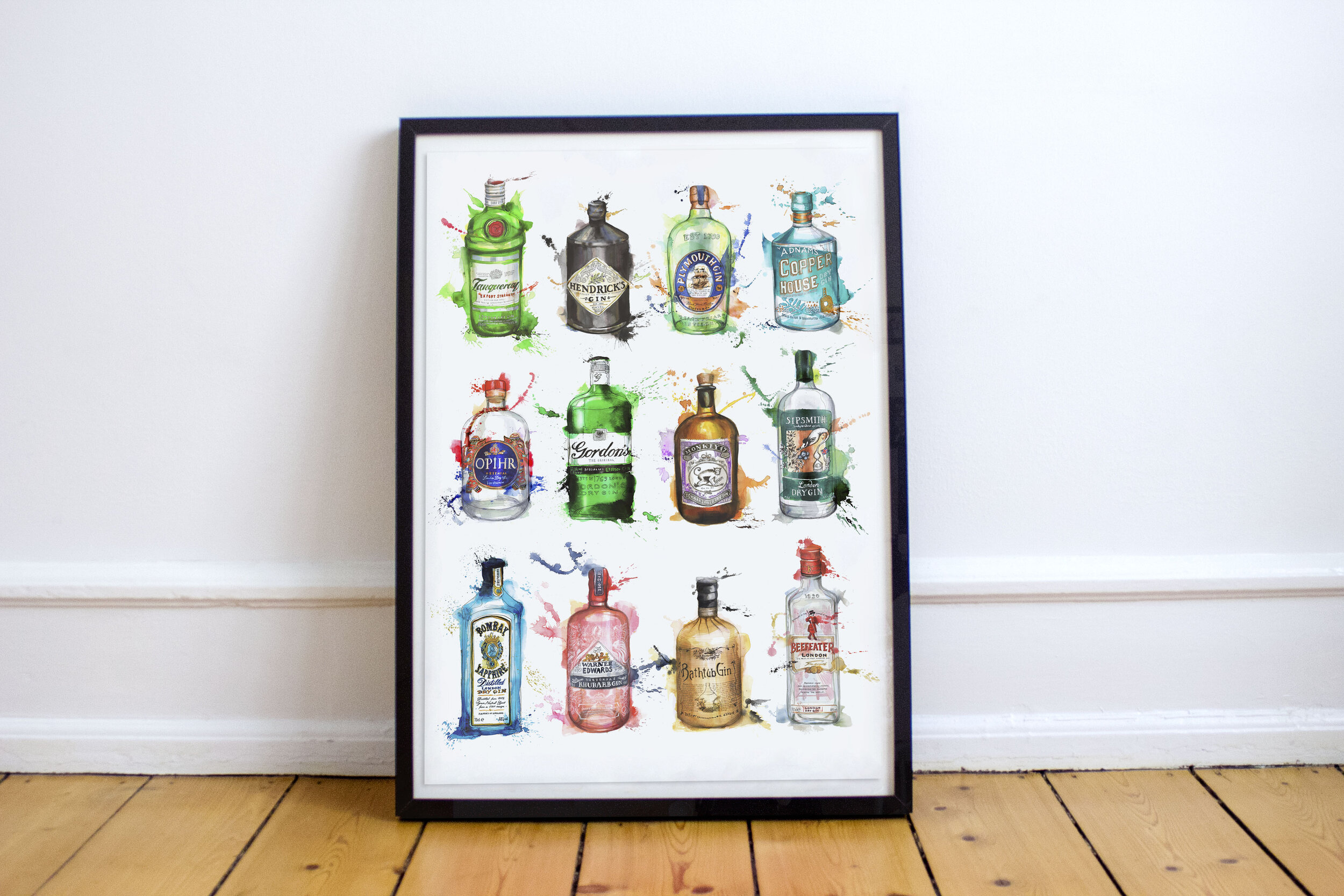 framed gin bottle art print