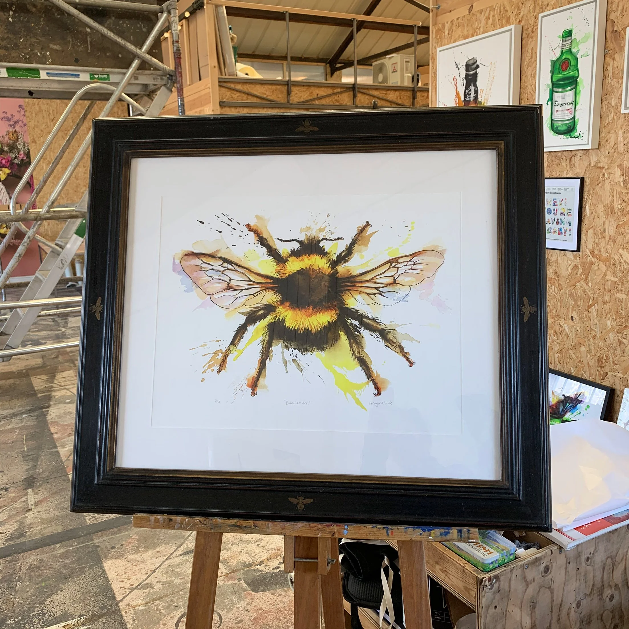 framed bumblebee painting on paper in ink and watercolour
