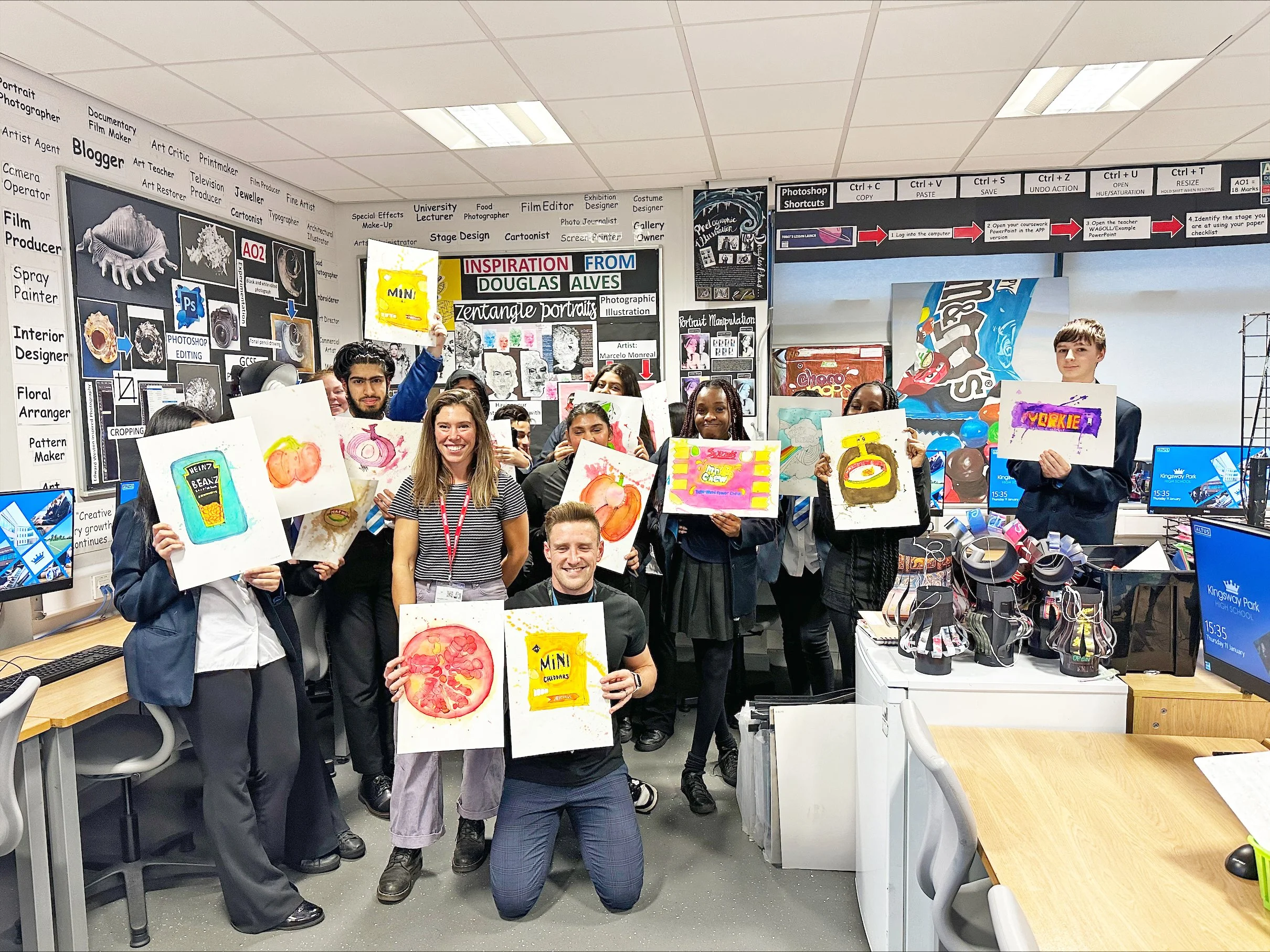 Secondary School students creating food packaging watercolour illustrations in a Georgina Luck Workshop