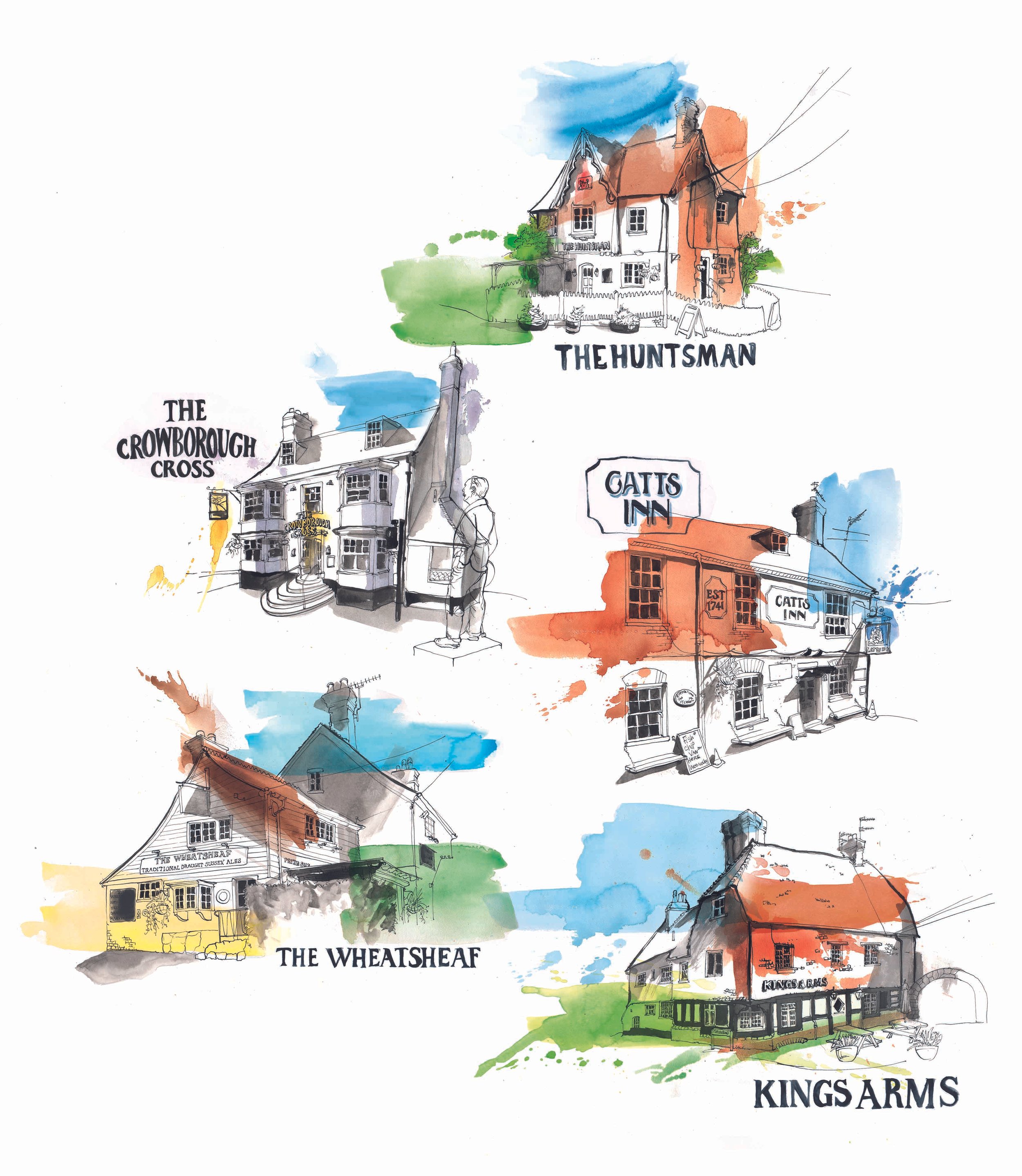 Architecture illustration in loose watercolour of urban pubs in East Sussex for editorial magazine publications.