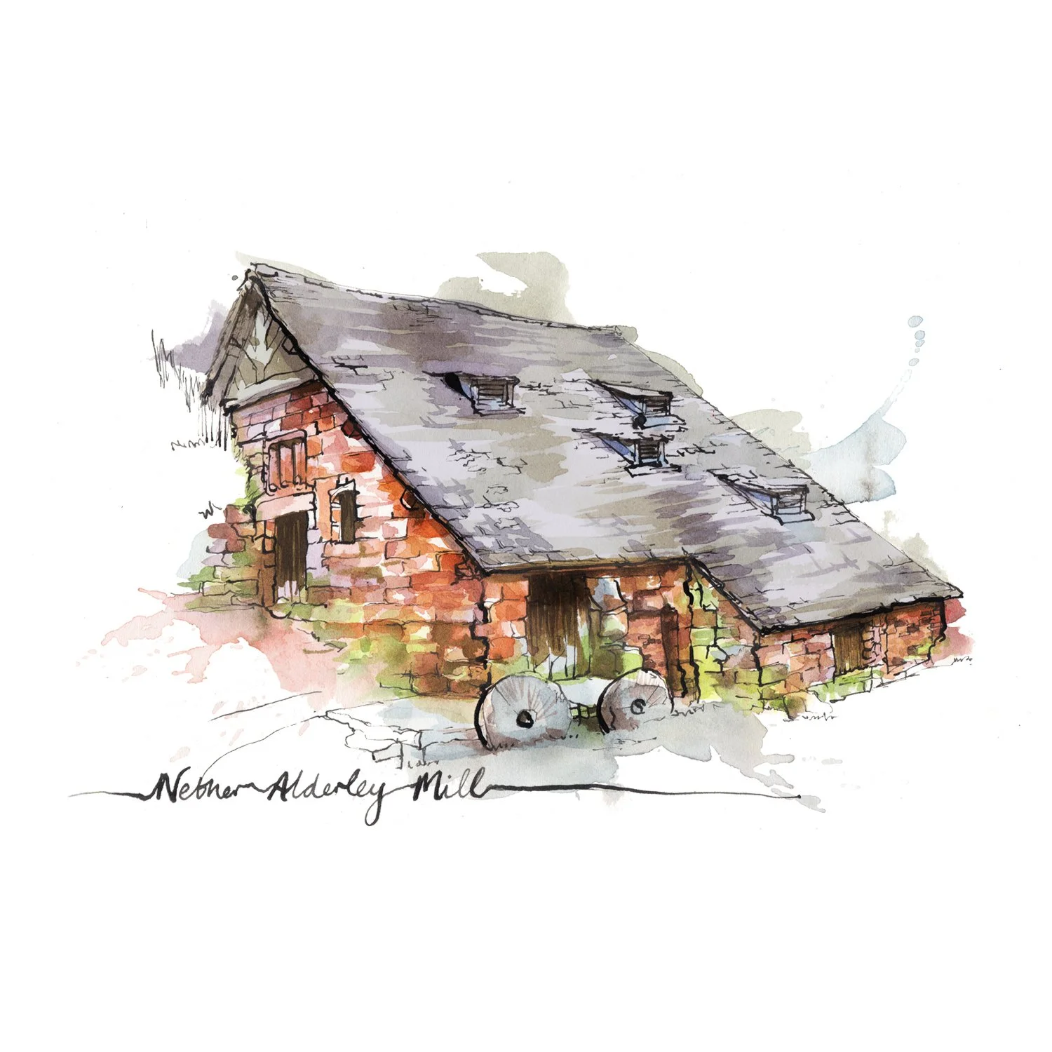 Hand-painted old mill architecture illustration. Suitable for editorial, publishing and non fiction books commercial commissions