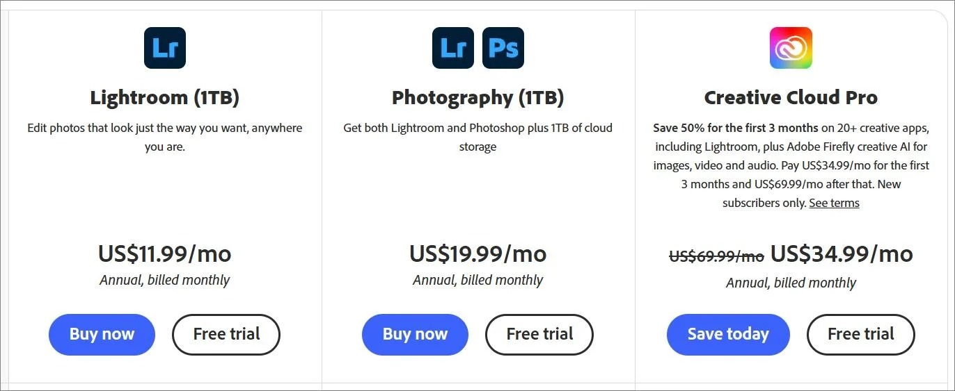 Lightroom 1TB cloud storage compared with the Adobe Photography Plan 1TB package, showing how the Photography Plan includes Lightroom Classic, Lightroom CC, Photoshop, and mobile apps, the plan I currently use.