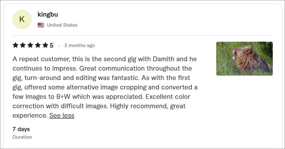 Real client reviews from photographers, travelers, and safari guests who have trusted my wildlife, safari, and nature photo editing services.