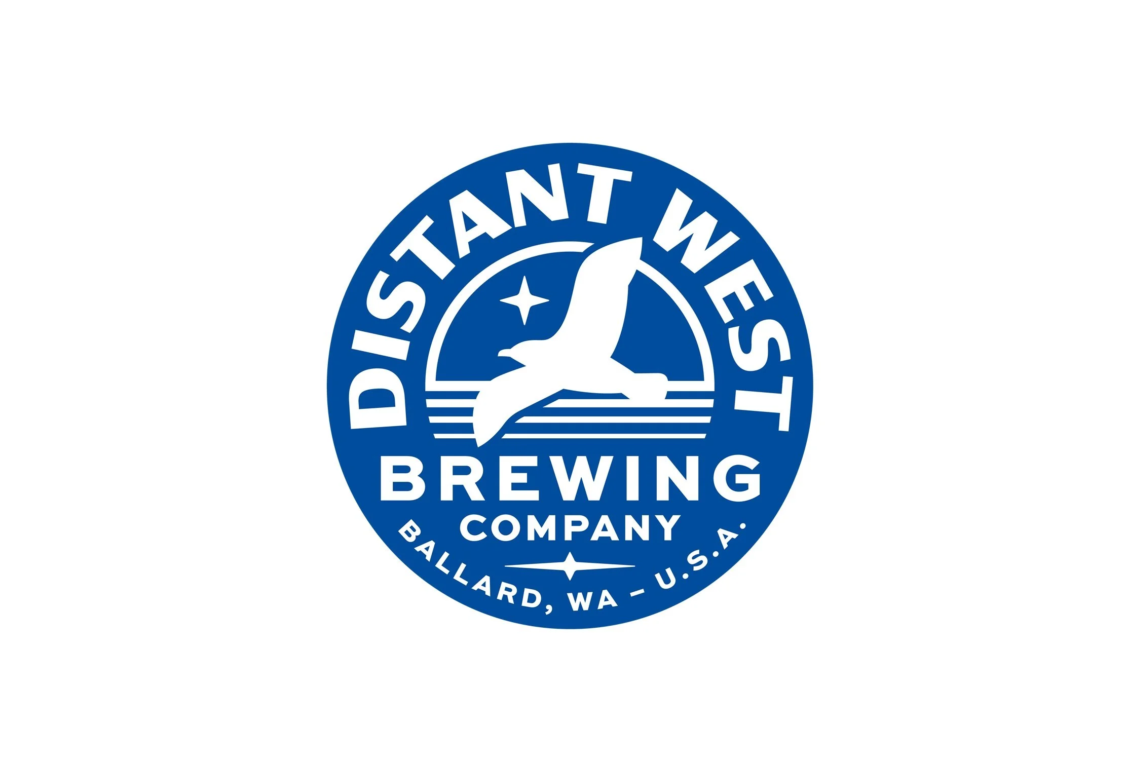 Distant West's Logo featuring a badge style typeface and a seagull flying in front of the sunset in the center.