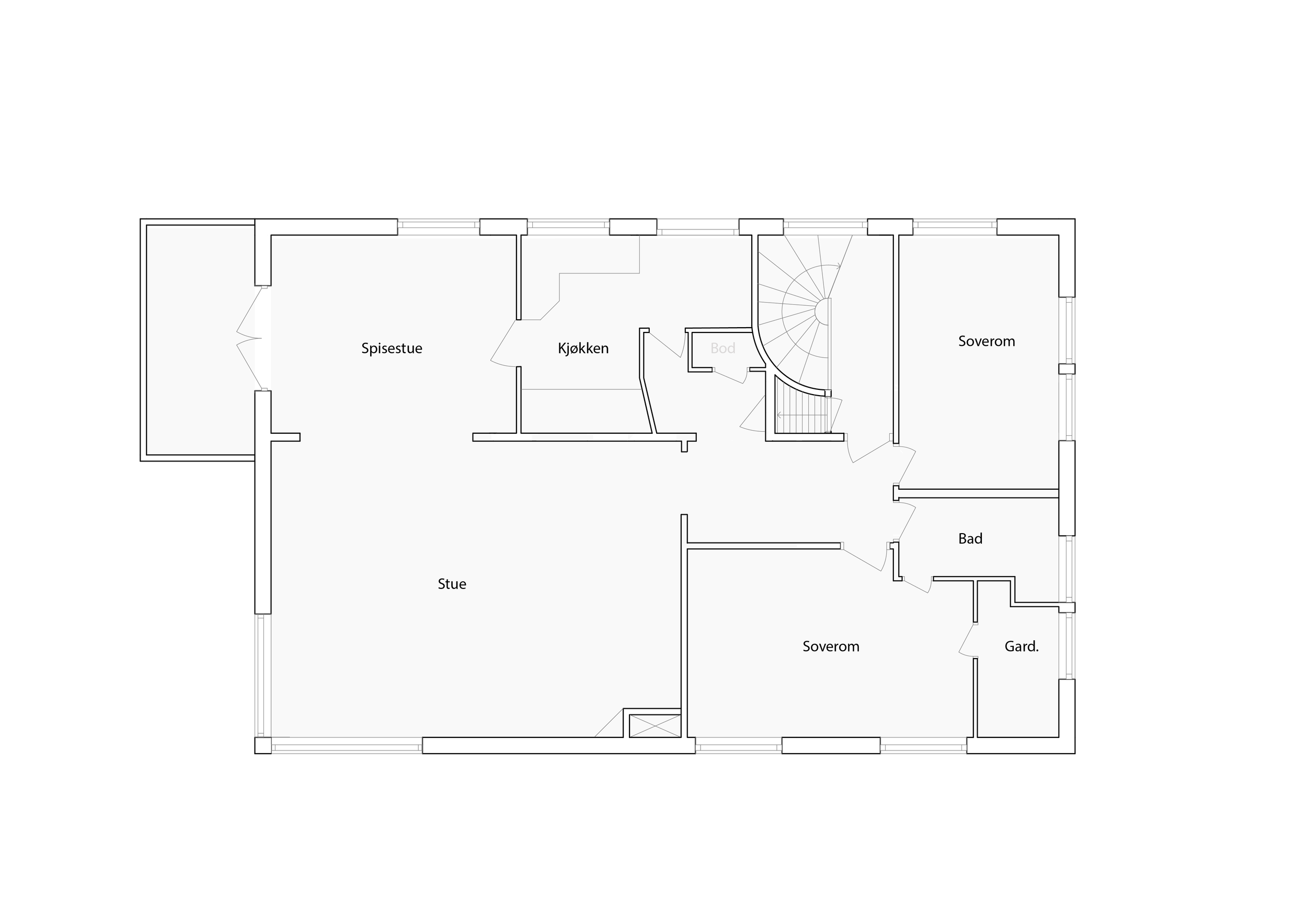 Planløsningen sånn etasjen så ut før byggeåret 1938. 