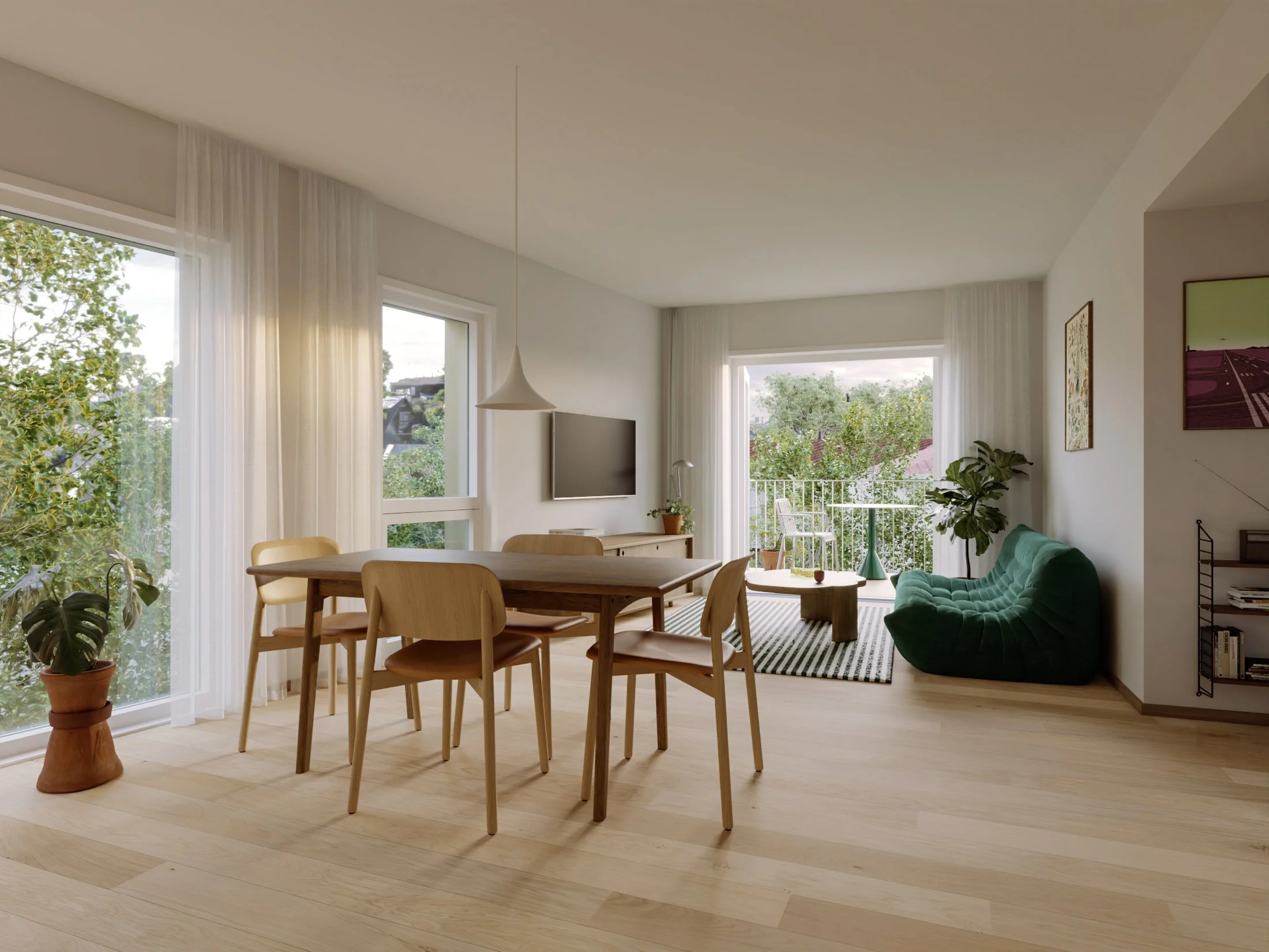 Luftig. Leiligheten i de to øverste etasjene har utsikt over et vakkert boligområde, der de bevarte trekronene på tomten henter naturen inn i rommene, samt skjermer for innsyn. 