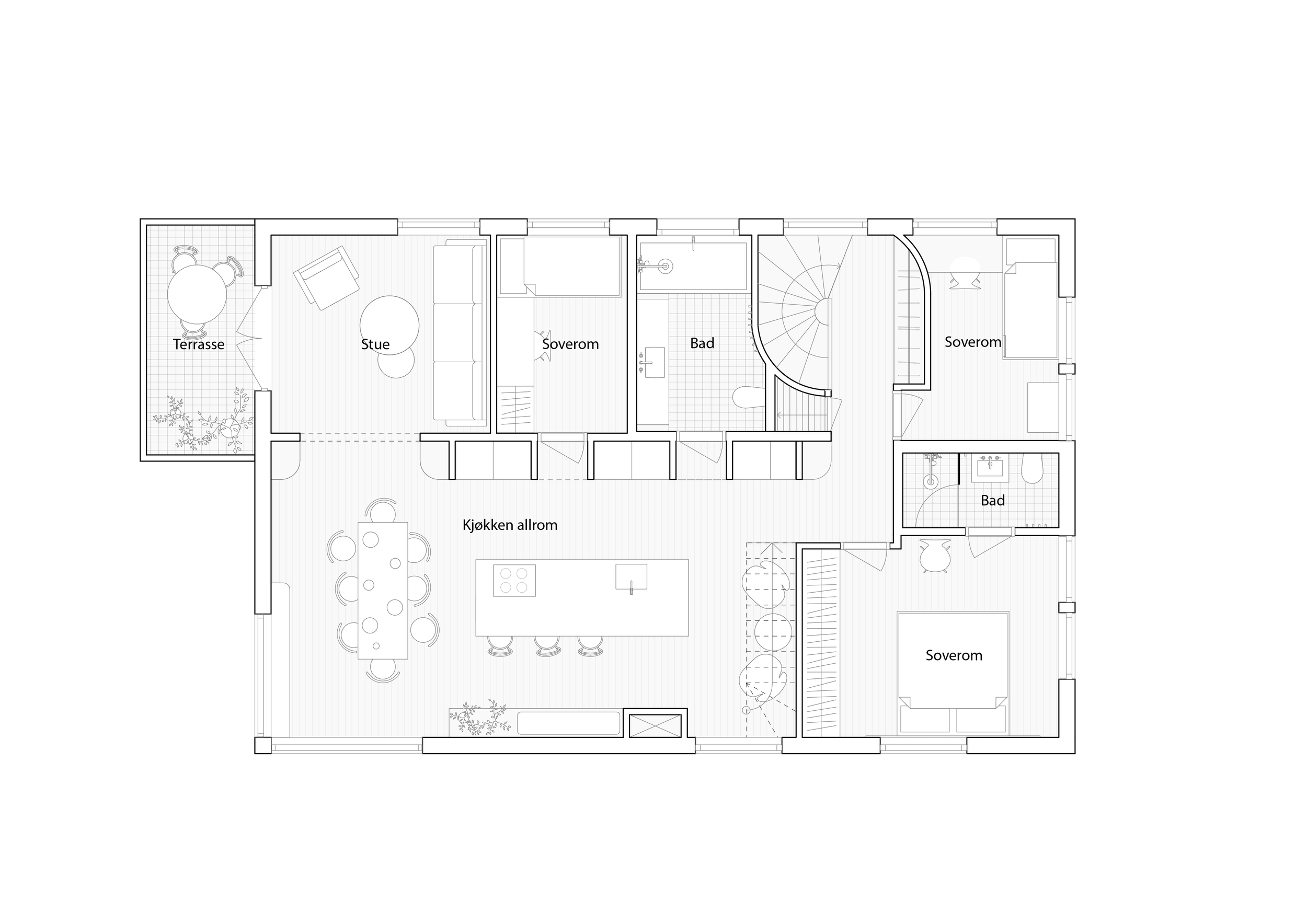 Planløsning etter renoveringen, der gulvet måtte fjernes for å etterisolere mellom etasjene, med påfølgende oppbygging av ny romløsning. 