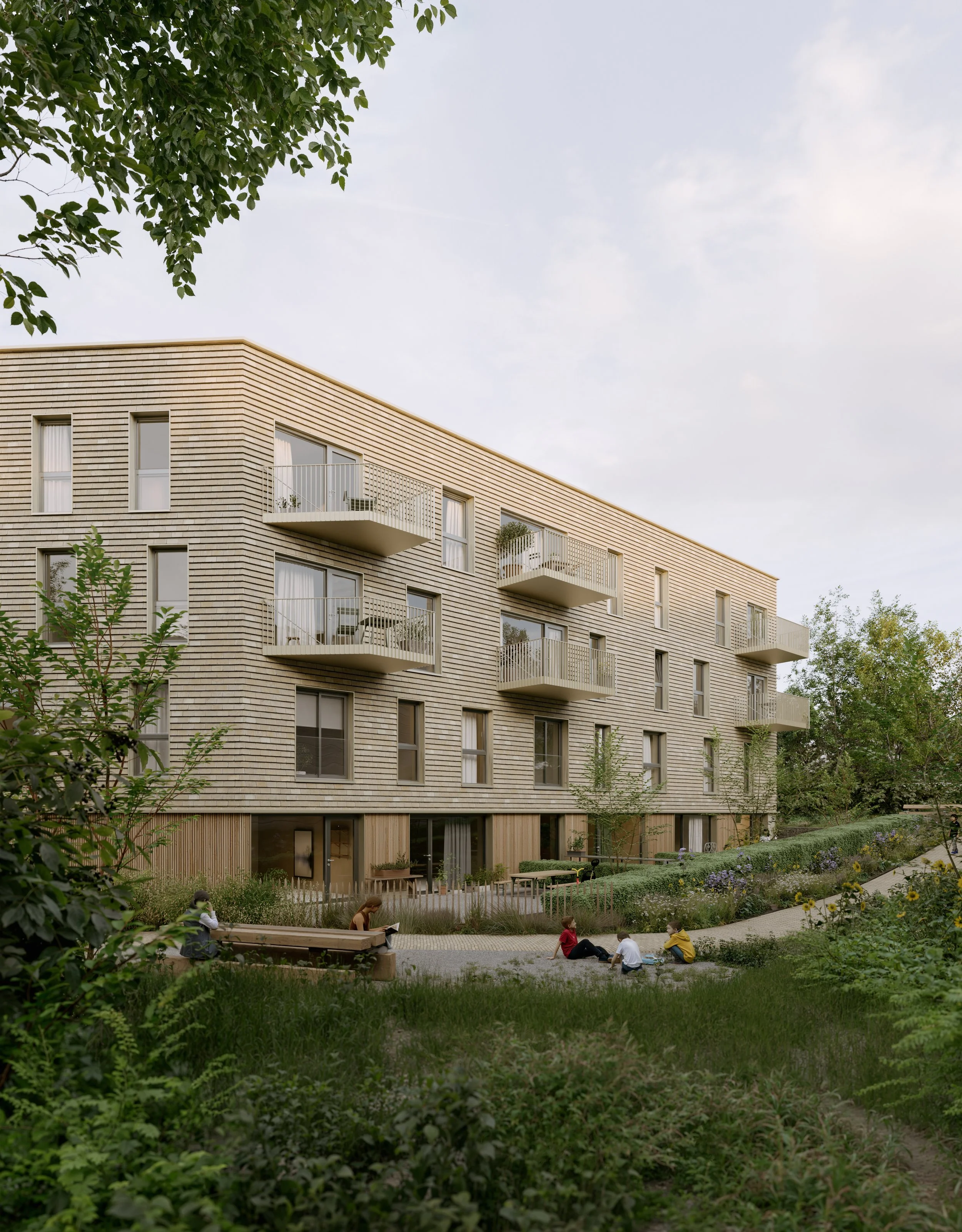 Utbygging. Et mindre falleferdig boligbygg erstattes av et moderne leilighetsbygg med 16 enheter som henvender seg til et frodig uteområde. Fasaden er kledd i natursteintegl som akkompagneres av vertikale beisede trespiler rundt duplexleilighetene i 