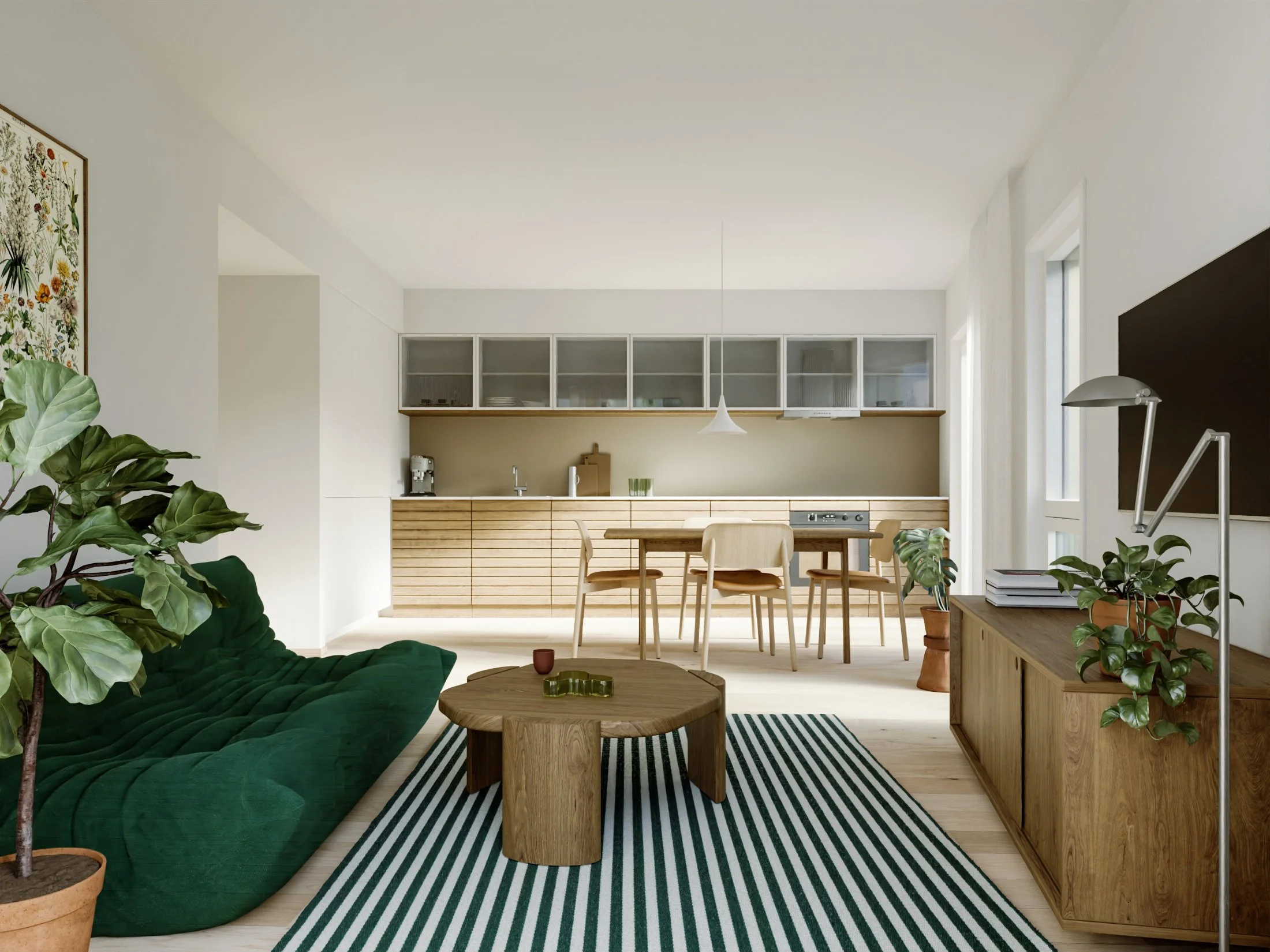 Romsløninger. Det lagt vekt på å skape gode oppholdssoner innvendig og fleksible planløsninger, med innslag av naturmaterialer på overflater og innredning.  