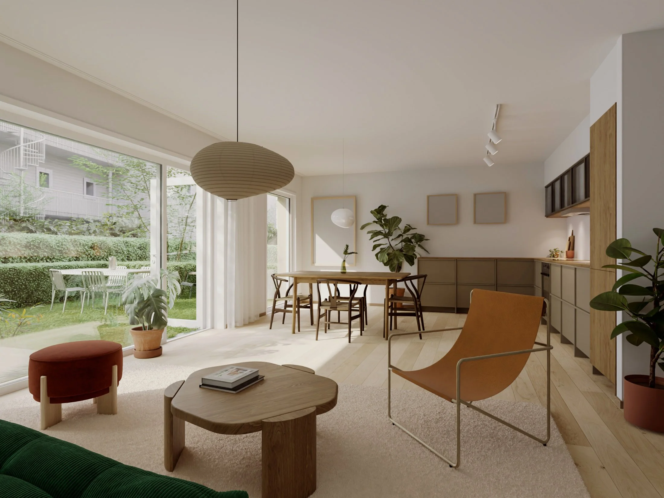 Private. Duplexleilighetene strekker seg over to etasjer og har kvaliteter som rekkehus. De sosiale rommene er lagt til første etasje, der generøse vindusflater åpner opp til en privat hageparsell.