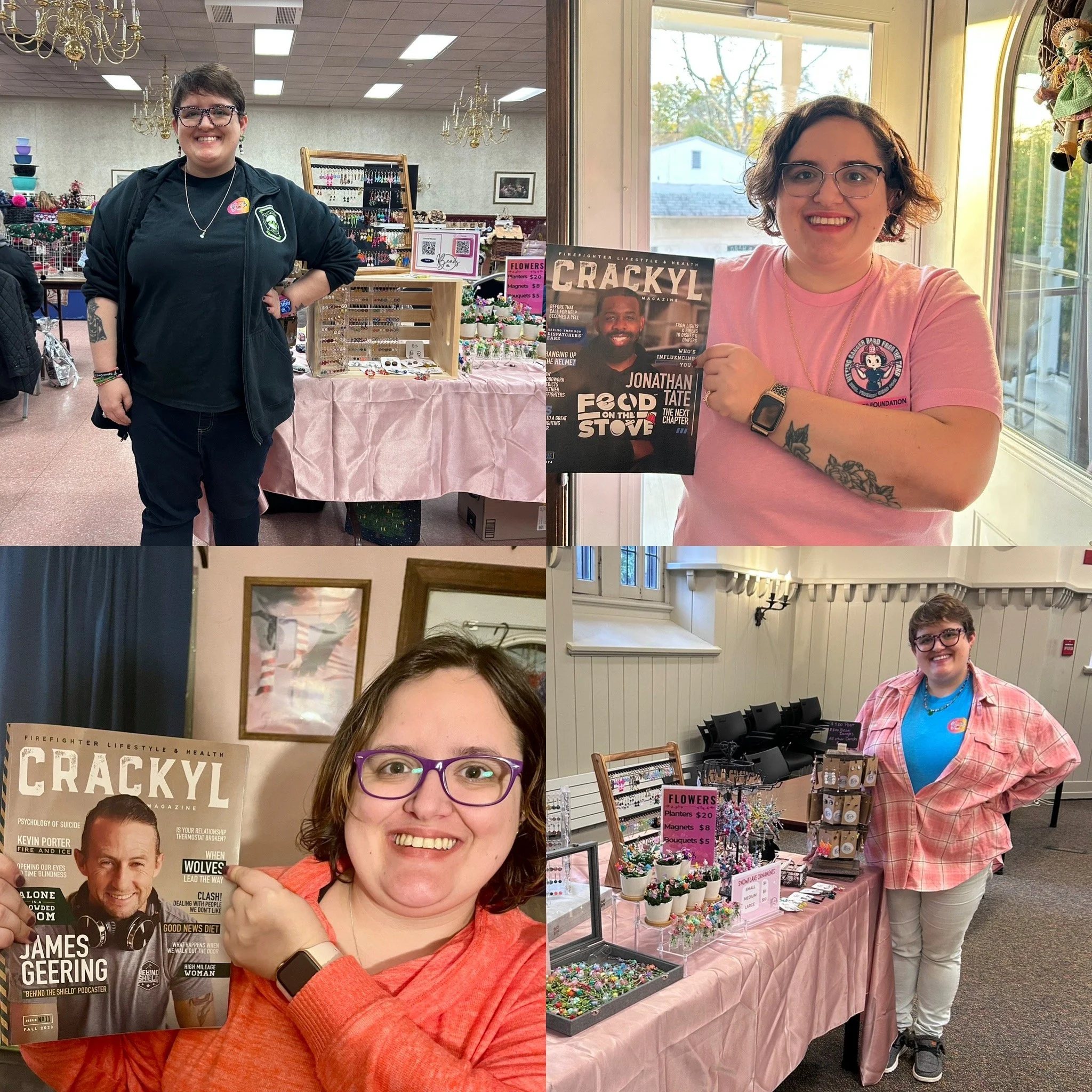 Four images of 30 year old with magazines and jewelry set-ups