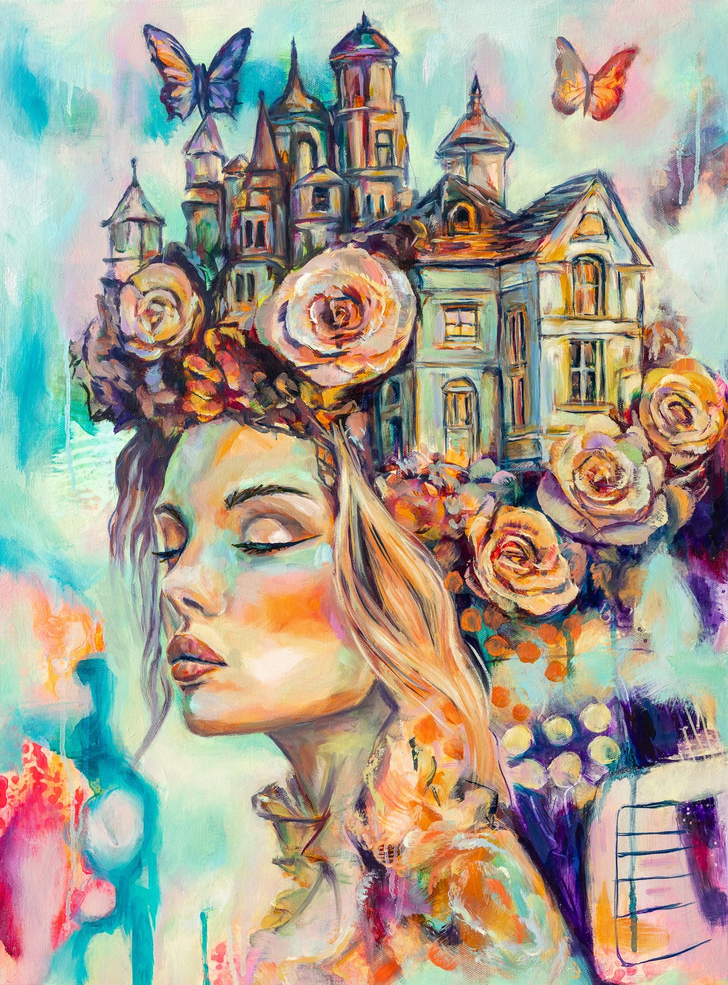 painting girl dreaming with house and flowers on her head