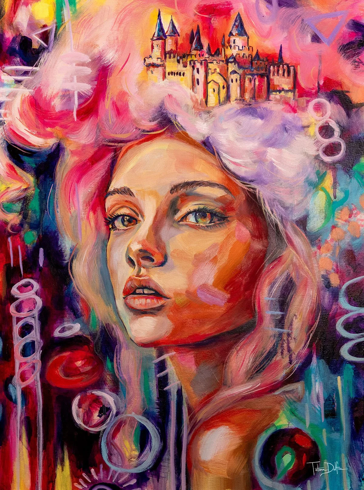 colorful girl with house on head