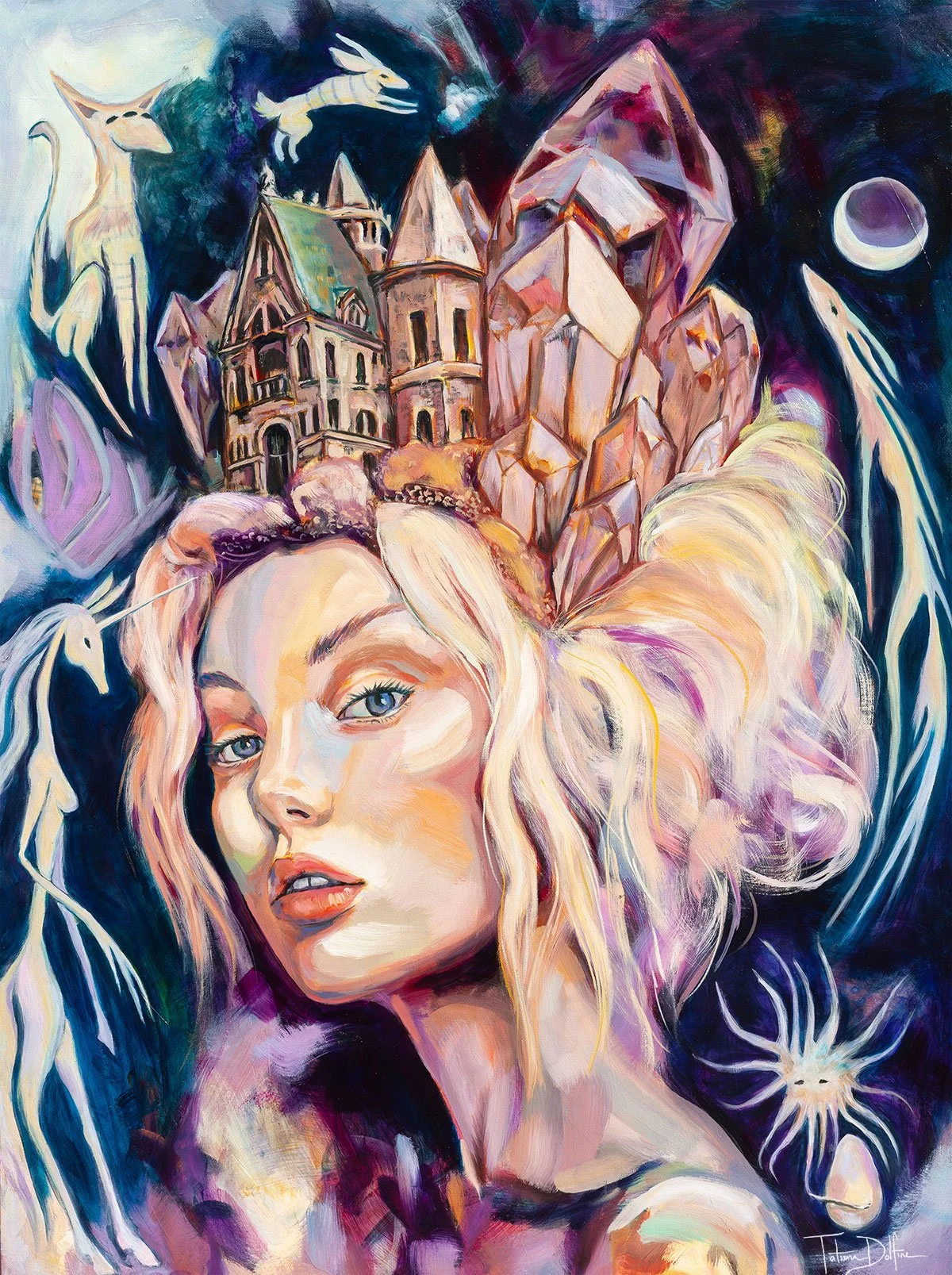 Girl with crystals house and dream creatures surrounding her