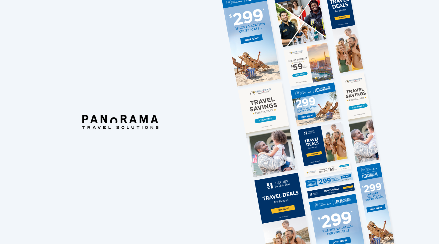 Panorama Travel Solutions logo left, vertical collage on right of paid media designs of families, beach scenes, and savings details on  blue background.