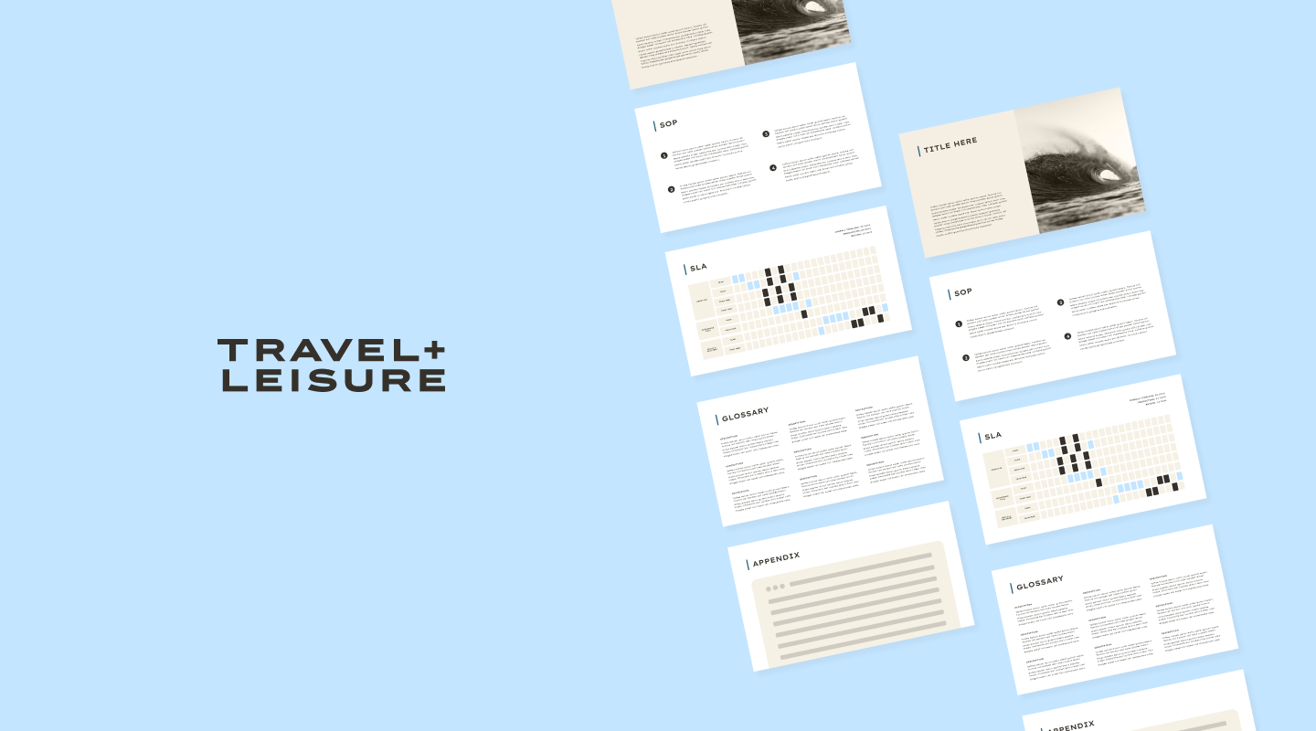 Travel and Leisure logo on left, with a vertical collage of process flowcharts on the right on blue background.