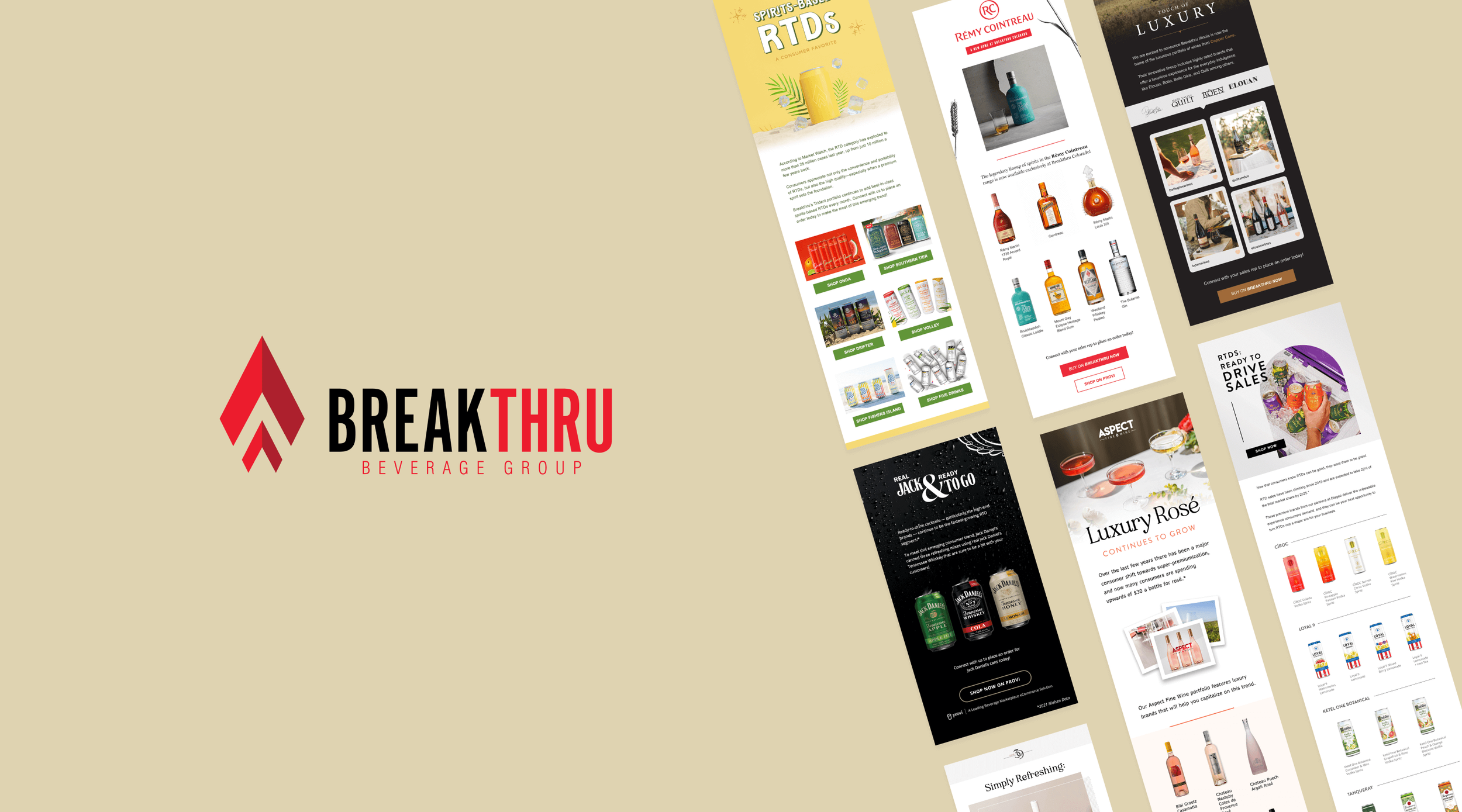 Breakthru Beverage Group logo left, vertical collage of email designs on the right beige background.