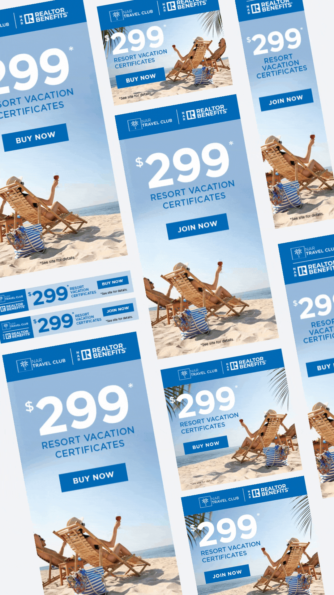 Advertisement for resort vacation certificates with a beach scene showing a person lounging on a wooden chair on the sand, a blue sky, and palm trees, with price and call-to-action buttons.