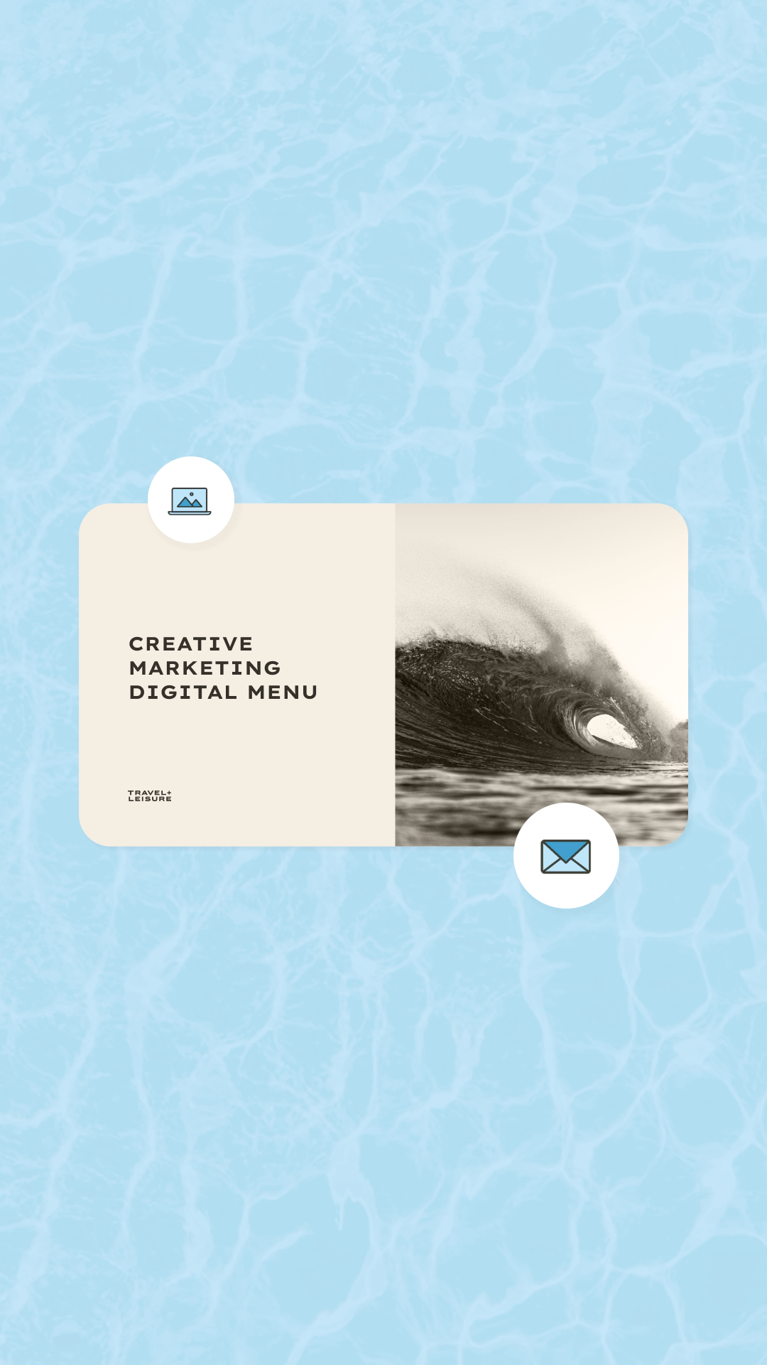Digital menu card titled 'Creative Marketing Digital Menu' with a black and white photo of a wave on a light background, placed over a blue water background.