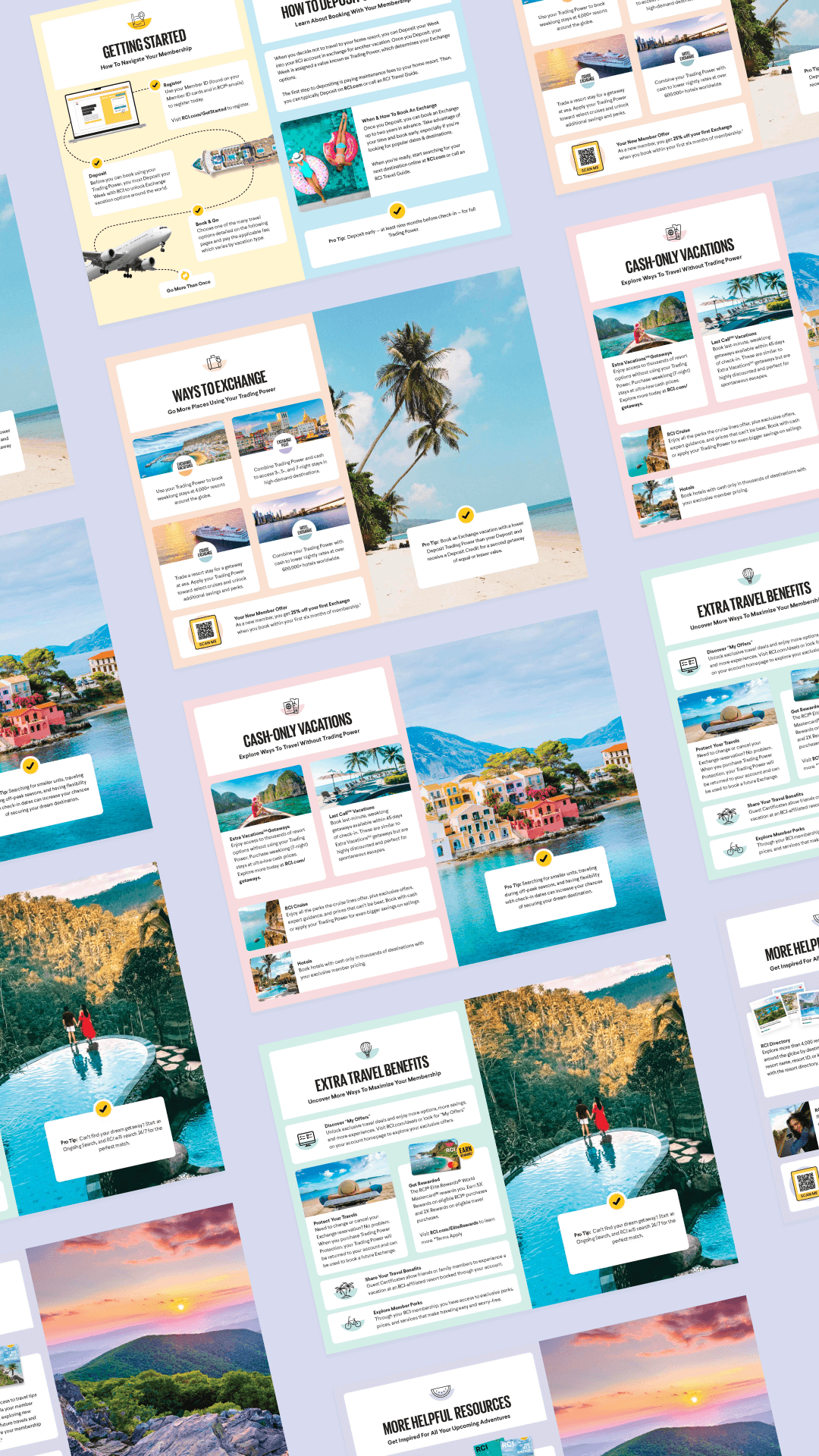 Vertical aligned collage of inside booklet with tropical images, step-by-step guides, and tips on vacation planning.
