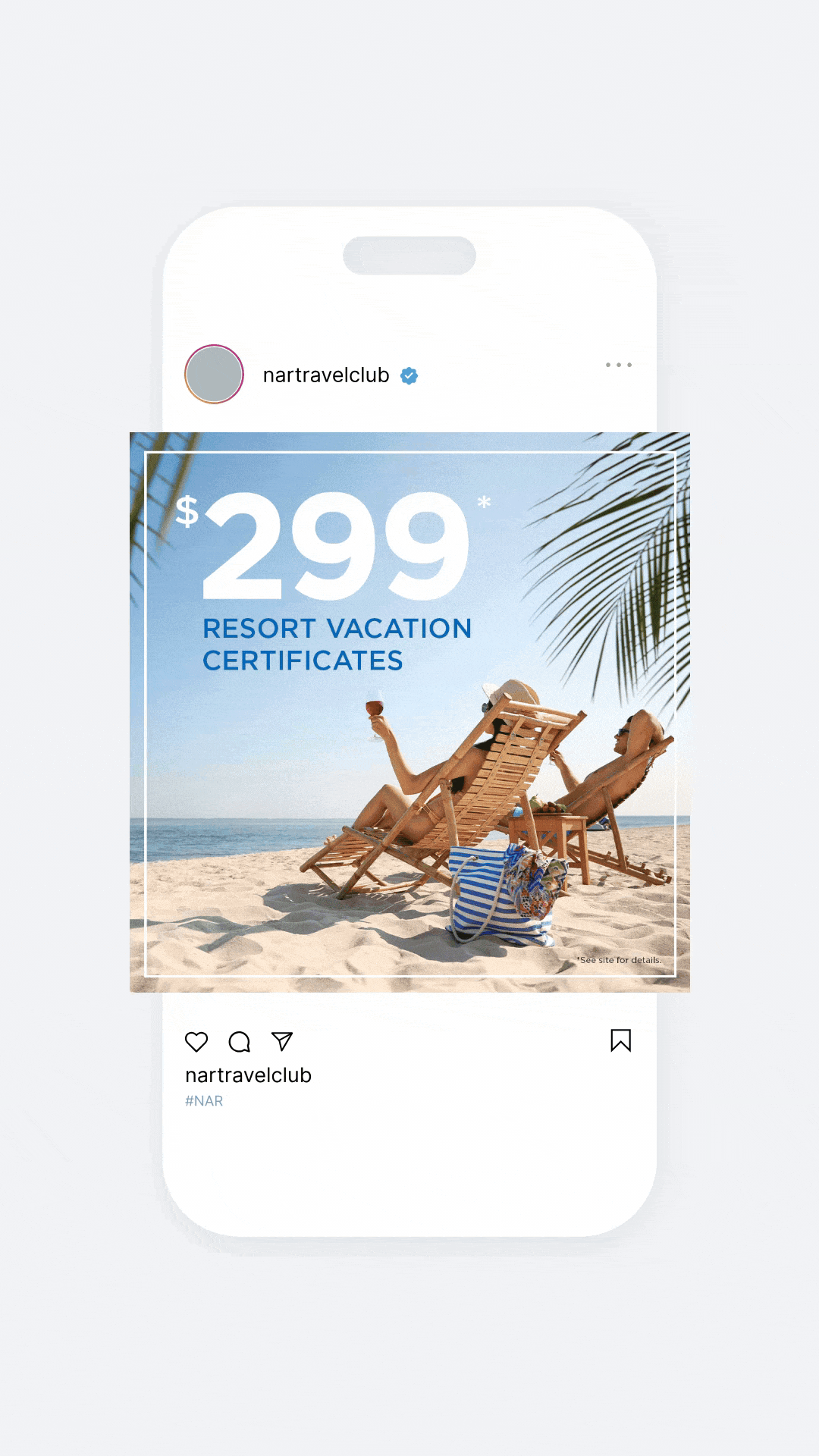 Social media mockup on phone animated of three images families, beach scenes, and savings details on blue background.