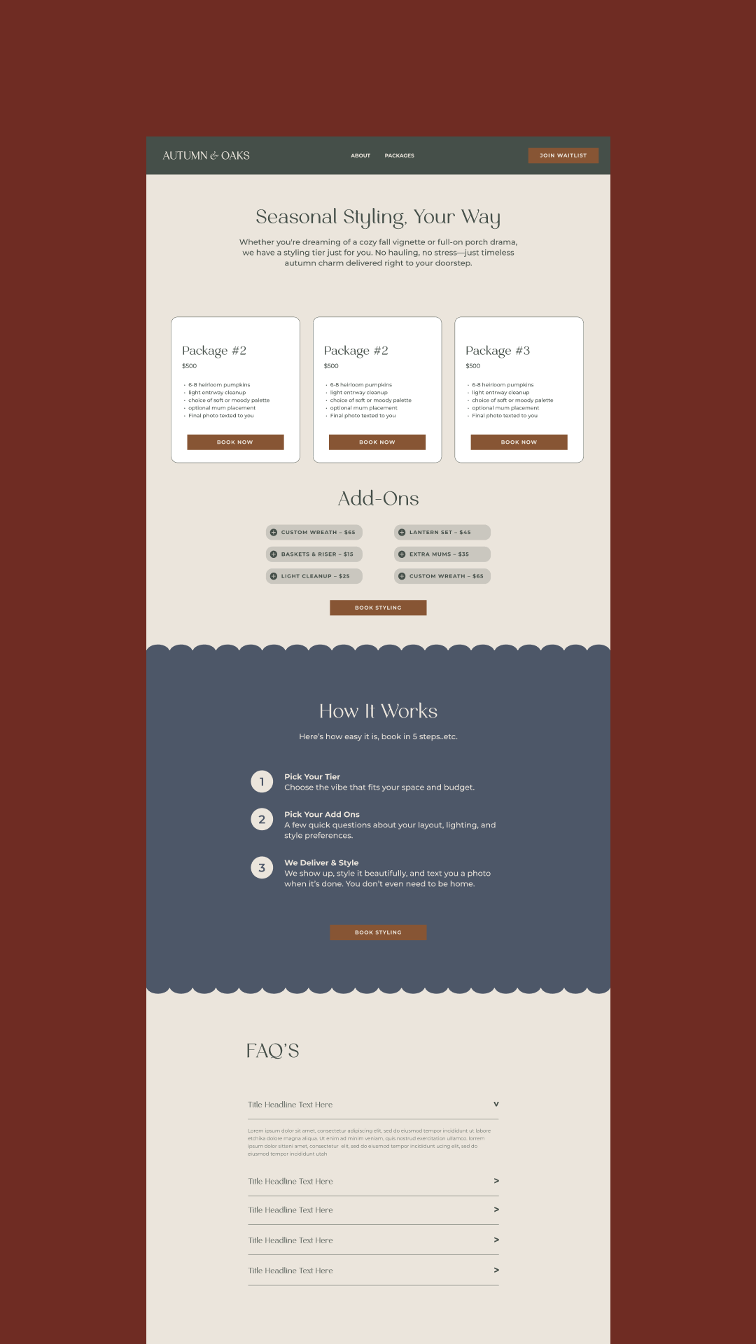 Website design centered on burgundy background features styling packages, add-ons, a step-by-step process, and a FAQ section for seasonal styling services.