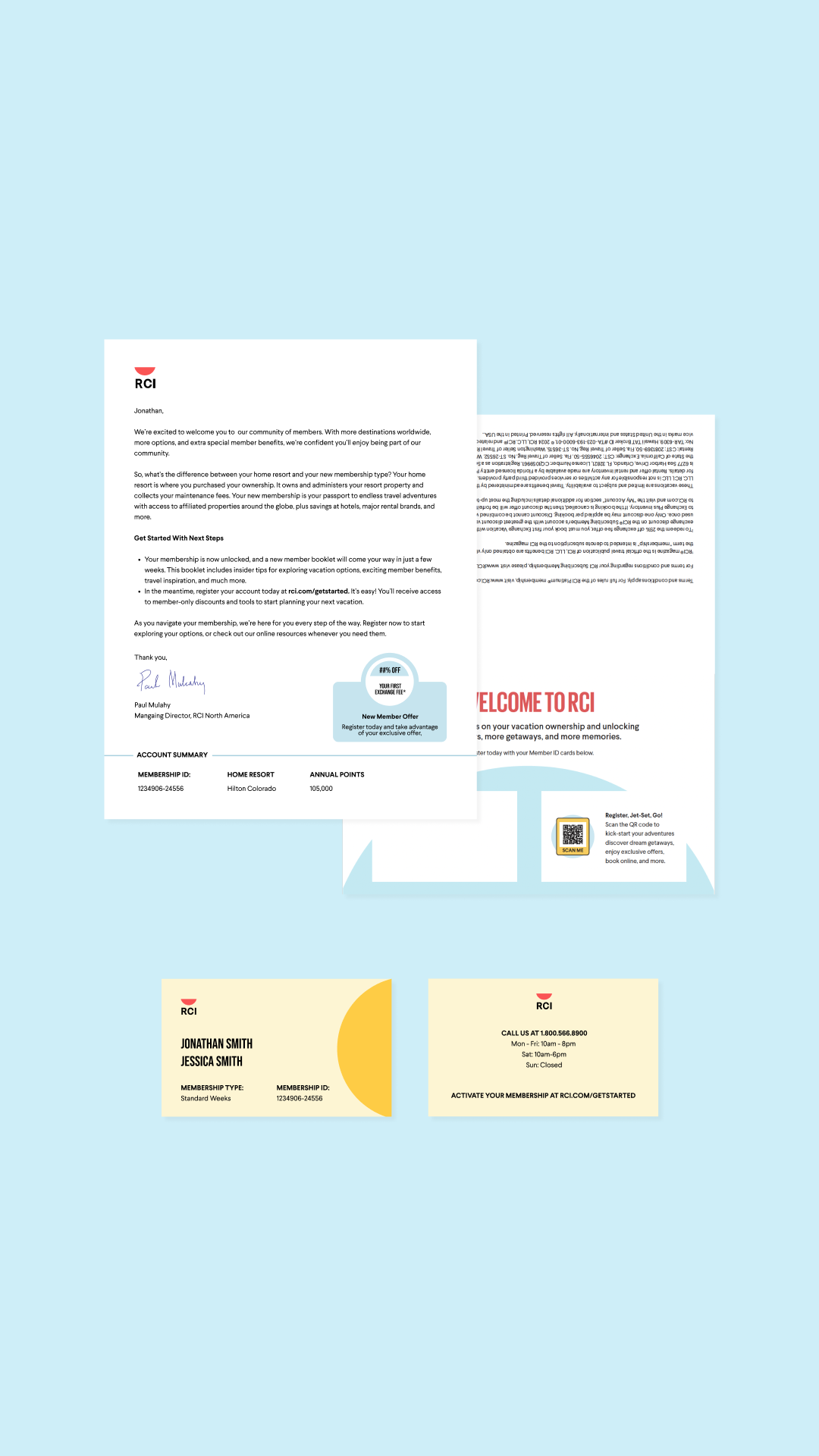 A welcome kit includes a welcome letter, informational brochure, and two membership cards, from RCI centered on a light blue background.