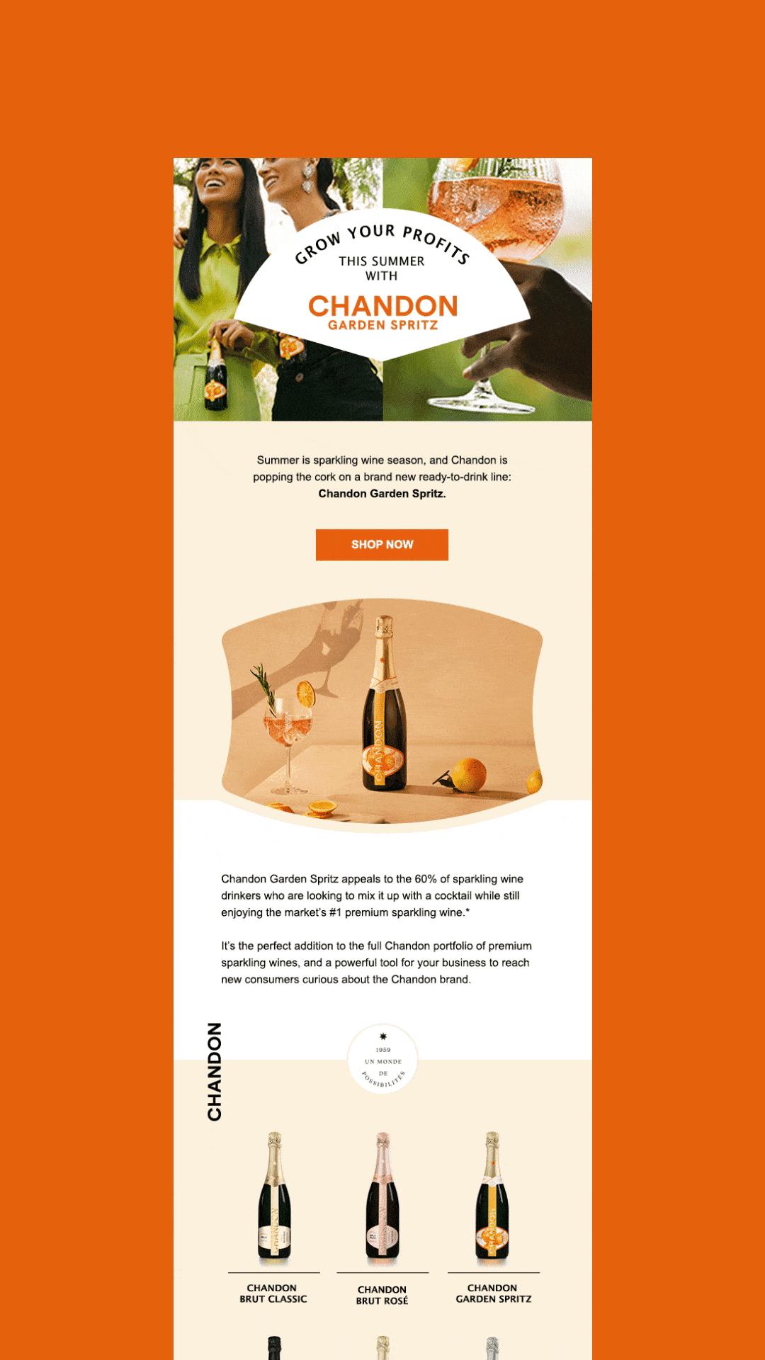 Email design centered on orange background with animated hero image showing chandon garden spritz.