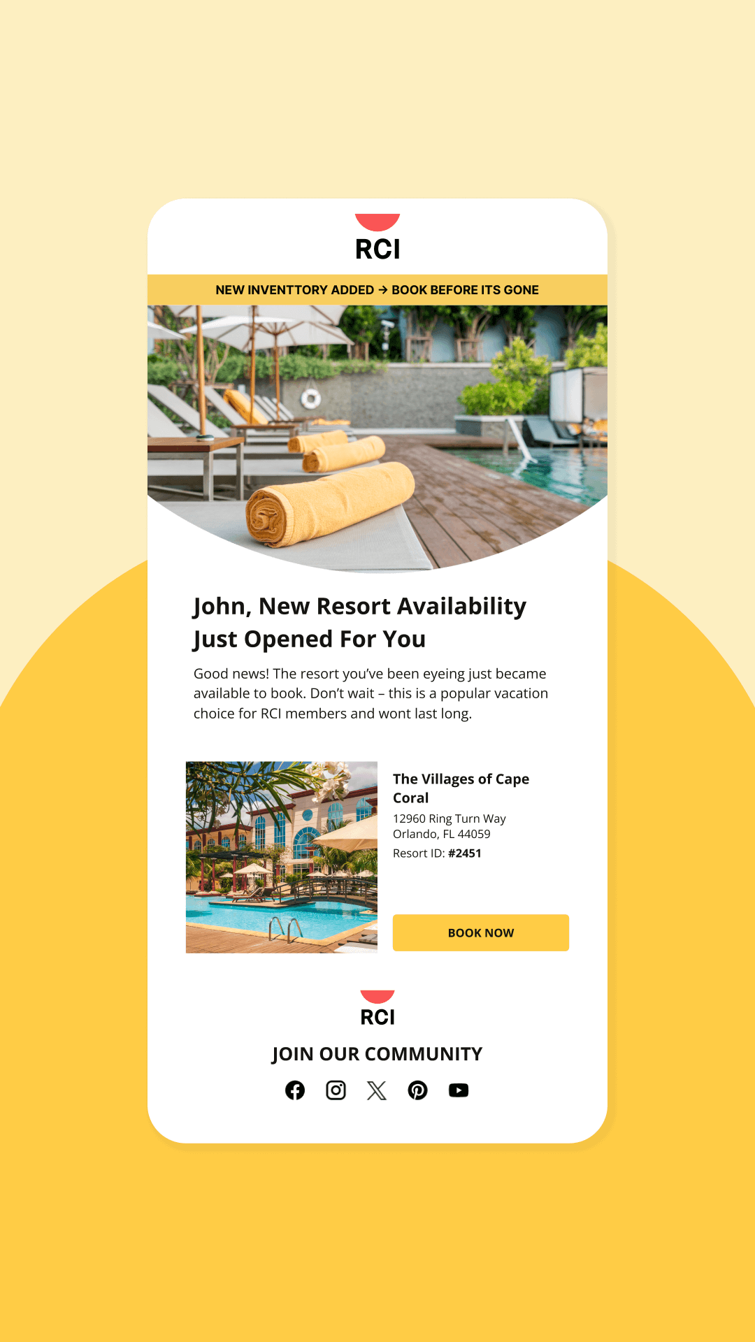 A promotional email from RCI showcasing new resort availability with a poolside scene, a photo of a resort, and social media icons at the bottom.