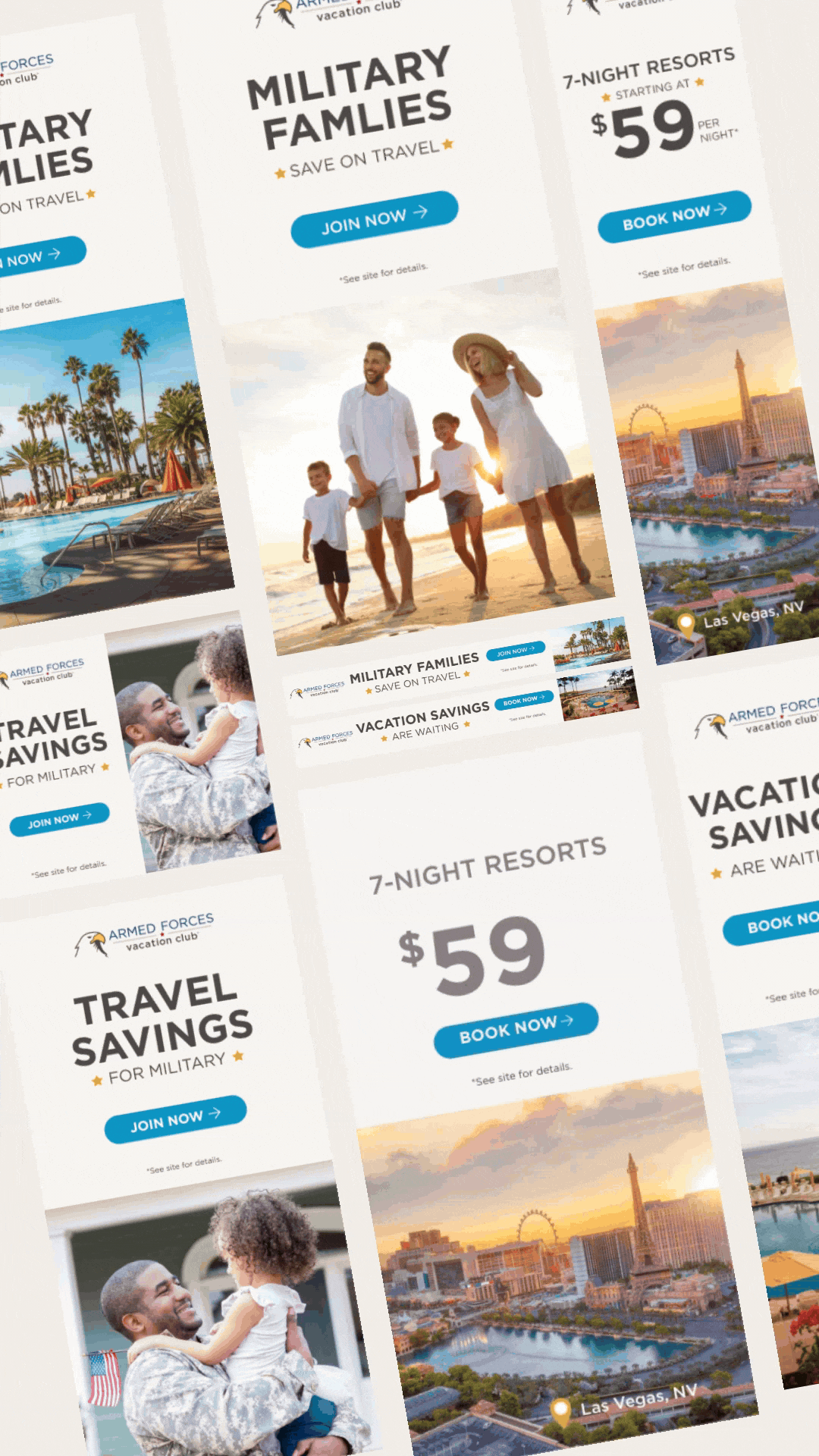Assorted sized paid media designs in vertical college with animation of military families, travel destinations or orlando, san francisco, and las vegas with savings details on beige background.